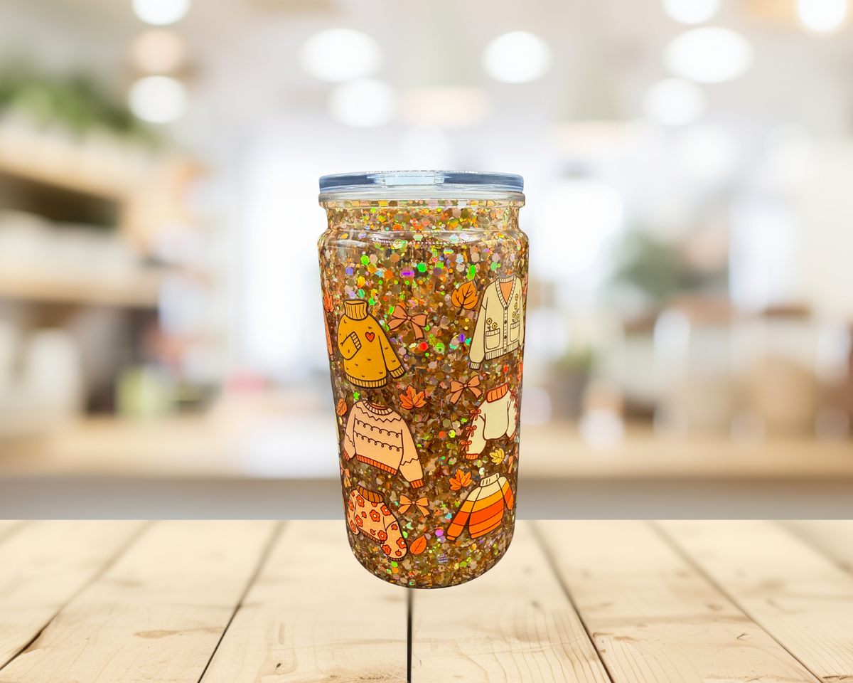 Cozy Fall Sweaters Snow Globe Tumbler – 16 oz Glitter Cup, Exclusive Autumn Design, Fall Iced Coffee Cup