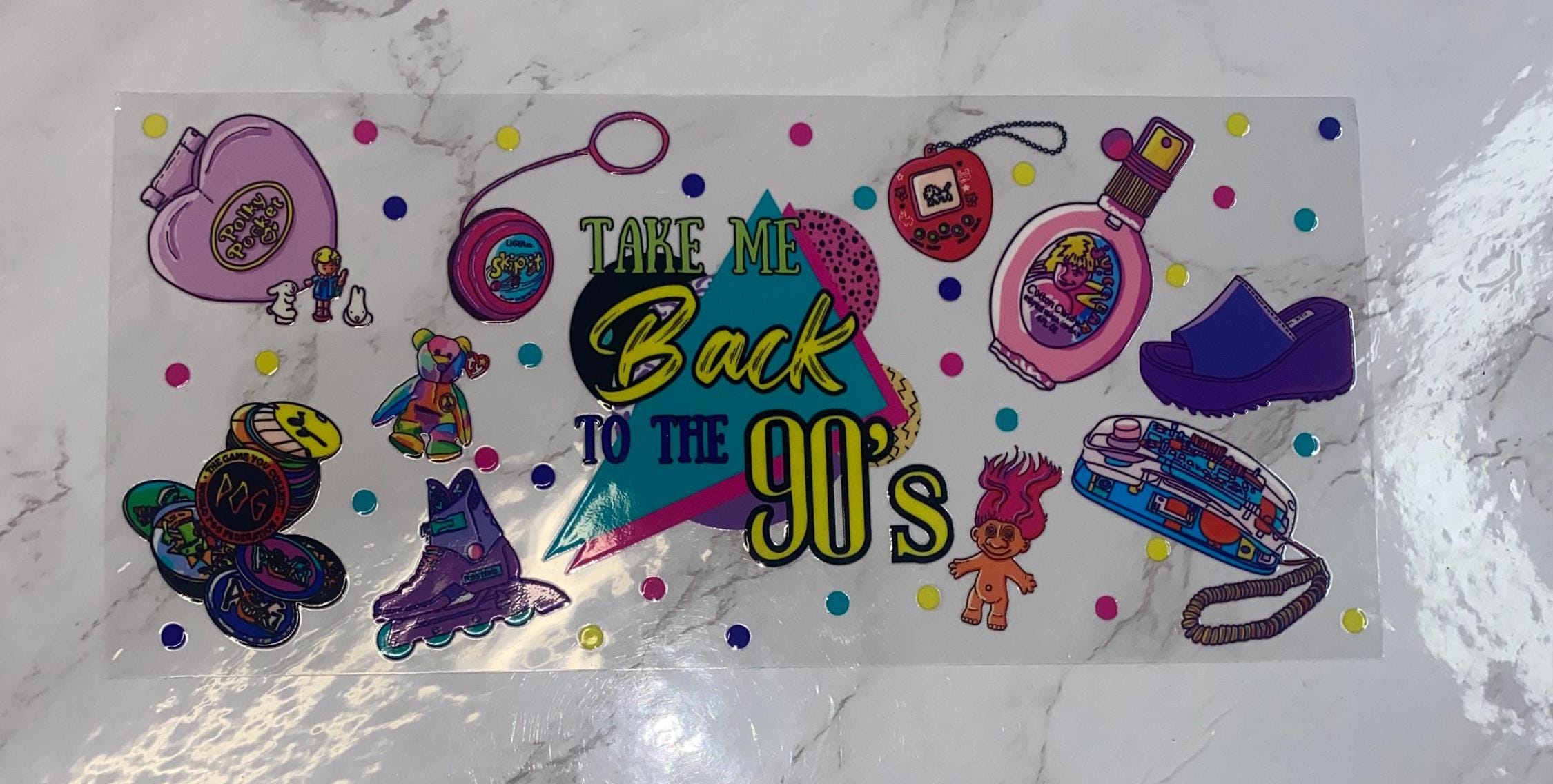 90s Theme UV DTF 16oz Tumbler Wrap: Vibrant Design