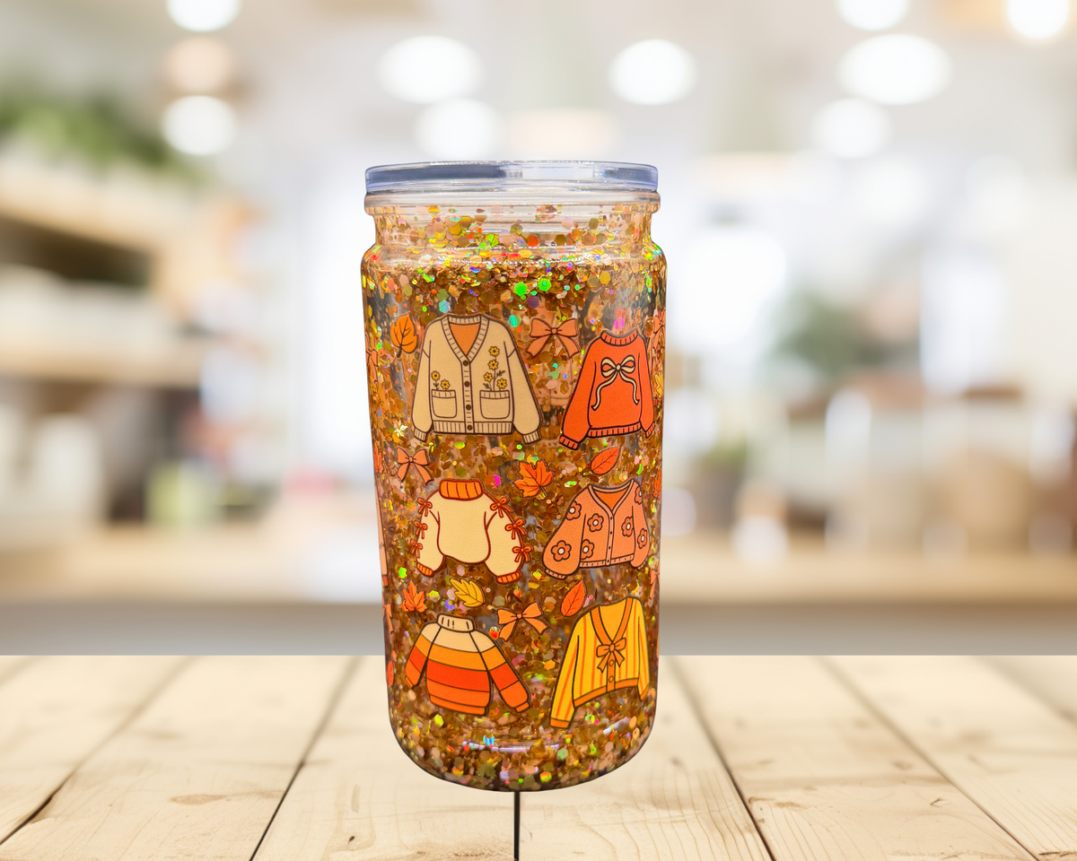 Cozy Fall Sweaters Snow Globe Tumbler – 16 oz Glitter Cup, Exclusive Autumn Design, Fall Iced Coffee Cup
