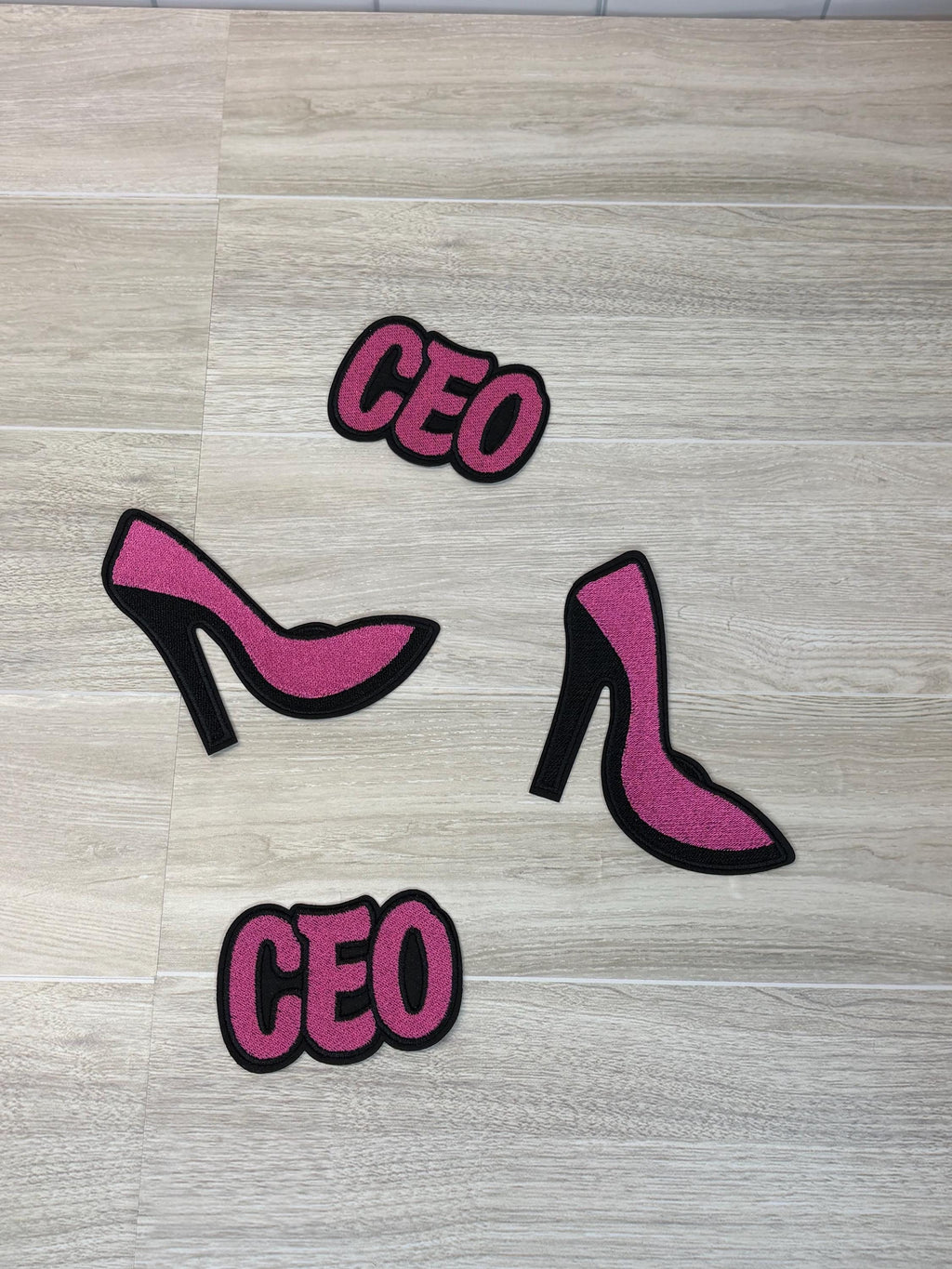 Pink & Black CEO + High Heel Shoe Patch Set | Iron-On Embroidery Duo