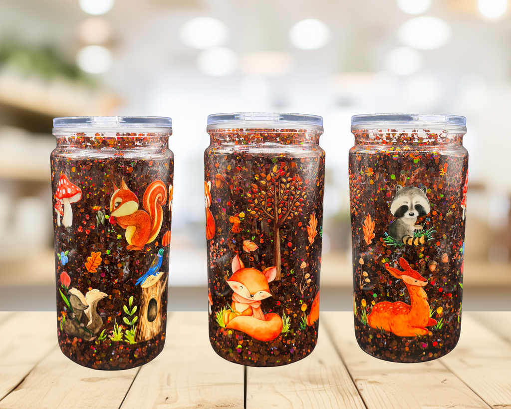Woodland Fall Snow Globe Tumbler – 16 oz Plastic Glitter Cup, Fox Raccoon & Deer Autumn Tumbler