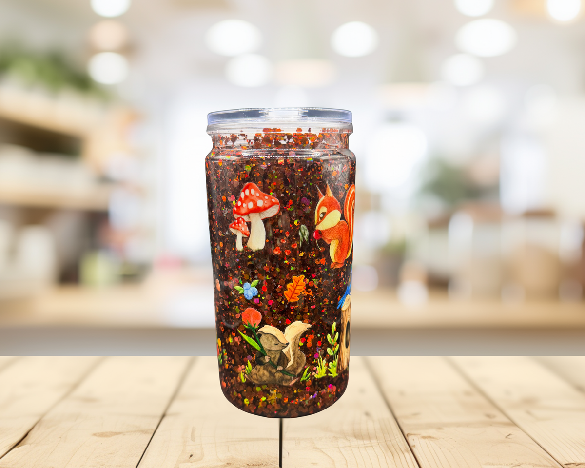 Woodland Fall Snow Globe Tumbler – 16 oz Plastic Glitter Cup, Fox Raccoon & Deer Autumn Tumbler