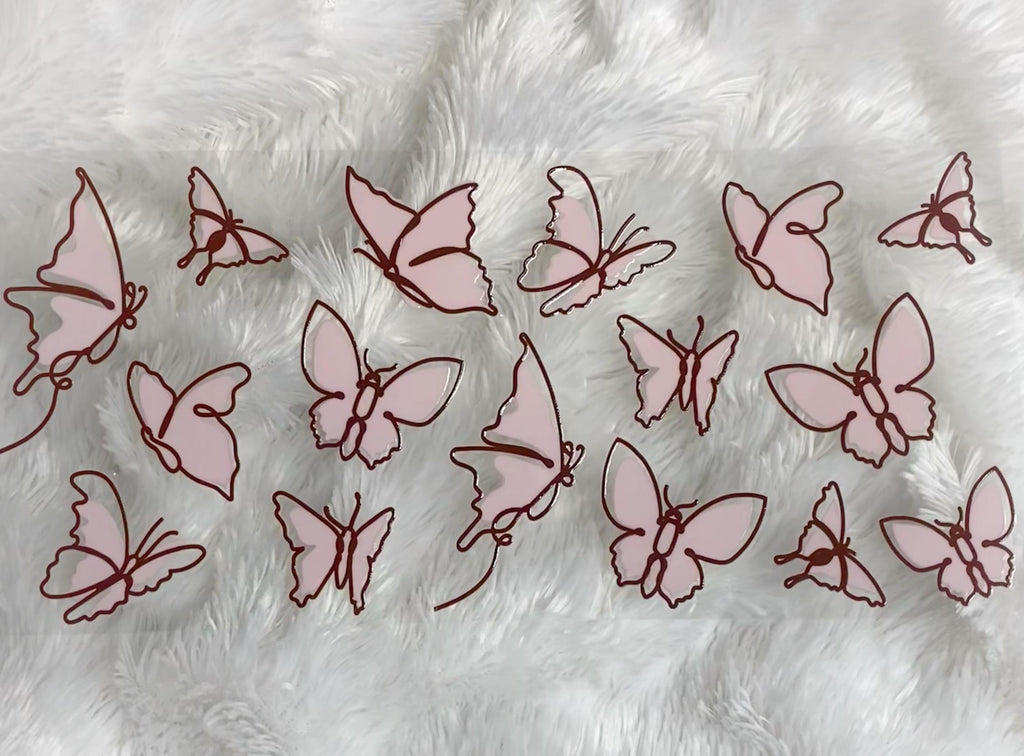 Pink Butterflies, UV DTF 16oz wrap, Butterfly cup wrap