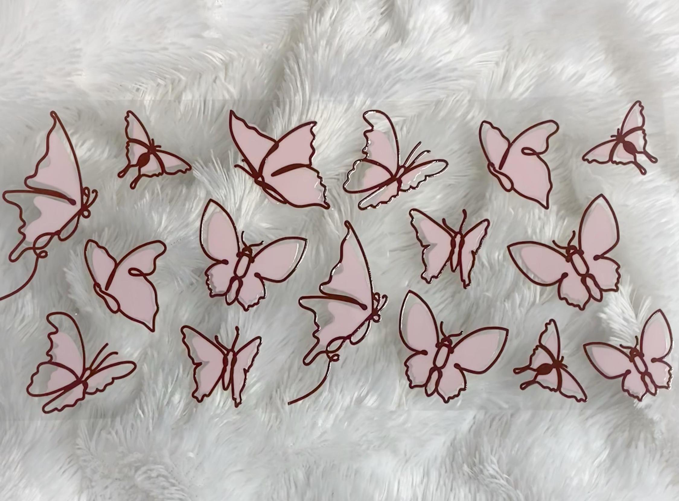 Pink Butterflies, UV DTF 16oz wrap, Butterfly cup wrap