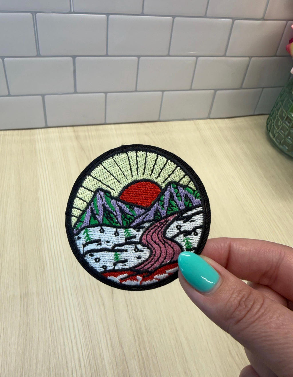 Camping Mountain Patch – Red Sun & Pink River Embroidered Iron-On Patch | Nature Lover Gift | Hiking Aesthetic Badge | Backpack Decor