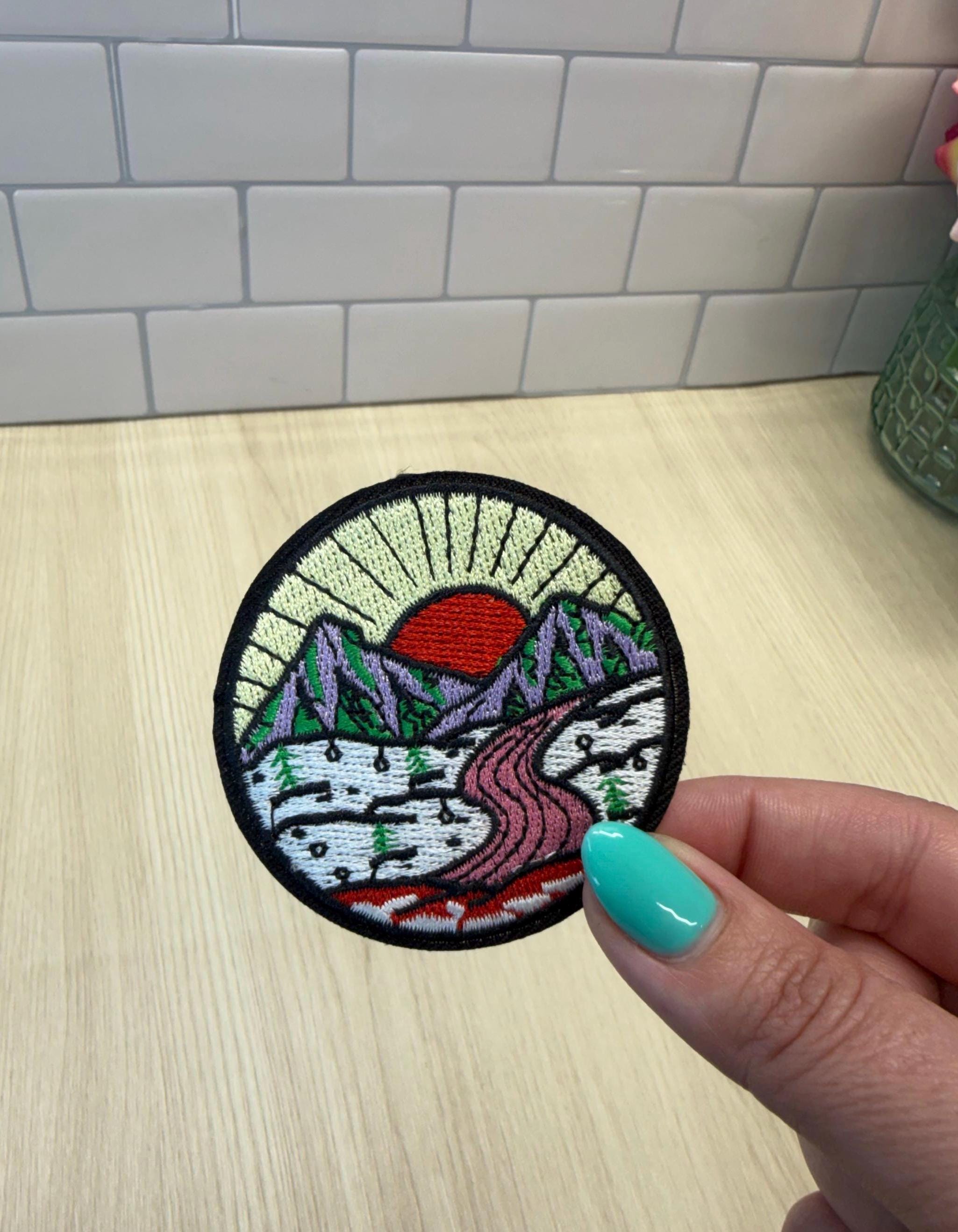 Camping Mountain Patch – Red Sun & Pink River Embroidered Iron-On Patch | Nature Lover Gift | Hiking Aesthetic Badge | Backpack Decor