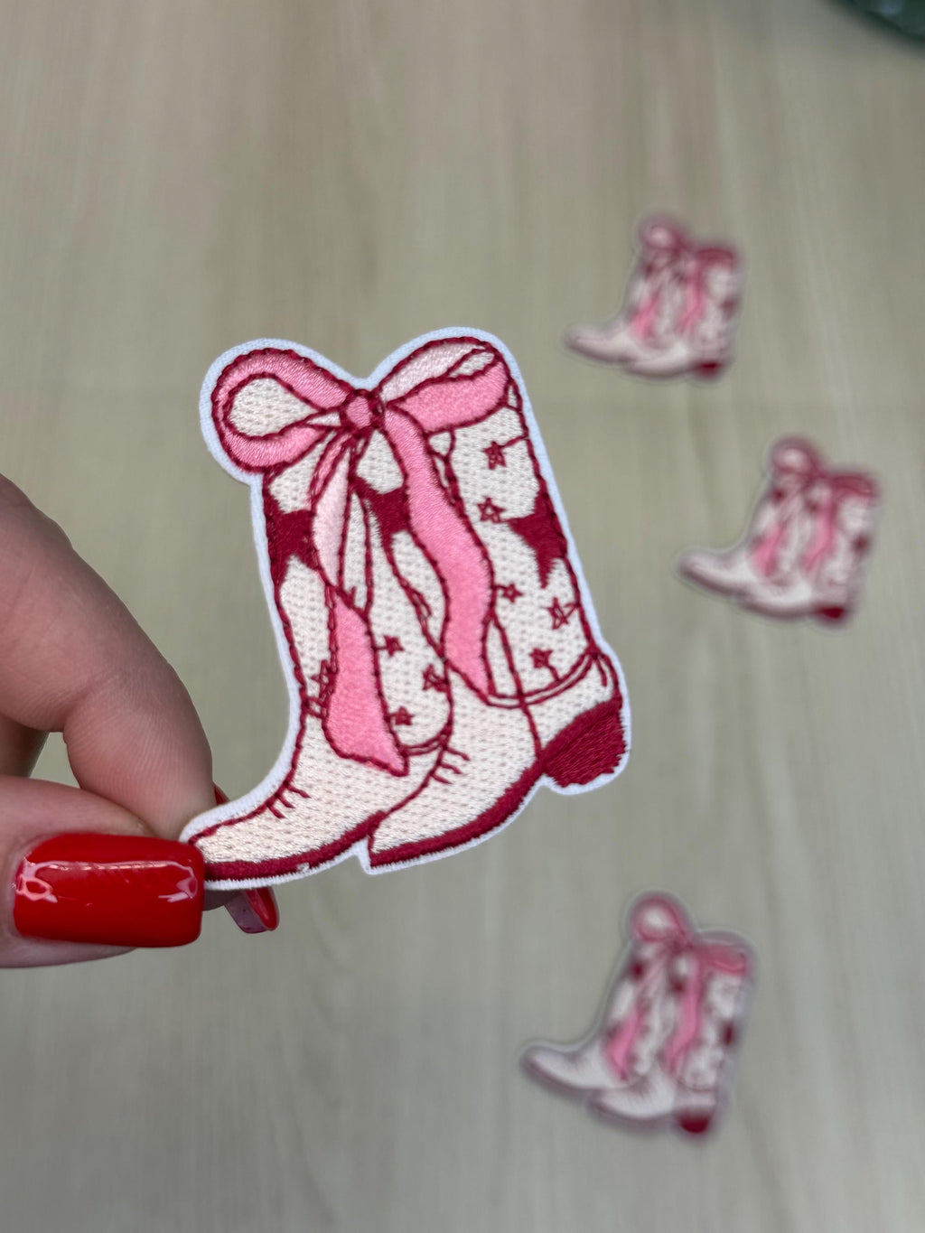 Girly Cowboy Boots Iron-On Patch with Pink Bow – Cute Western Embellishment
