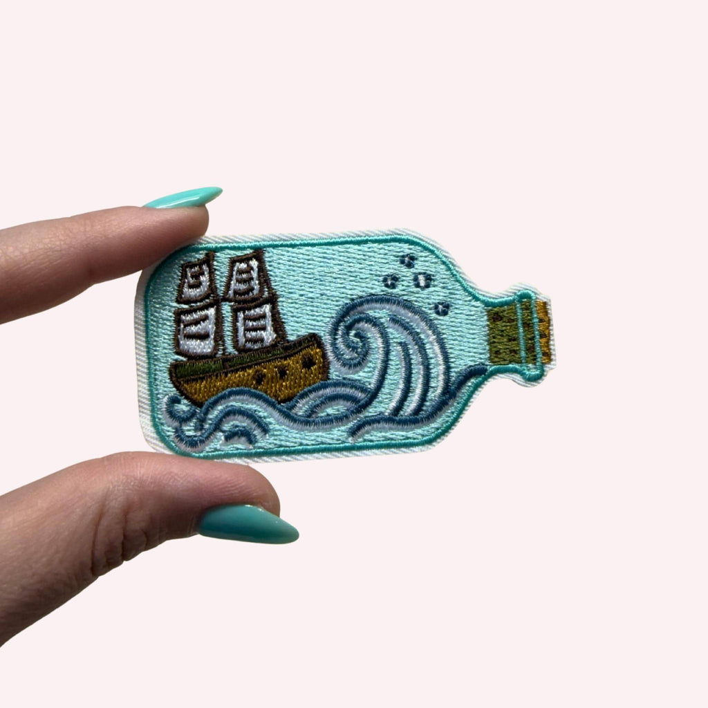 Ship in a Bottle Patch – Ocean Embroidered Iron-On Patch | Nautical Aesthetic | Vintage Maritime Patch | Coastal Vibes Badge