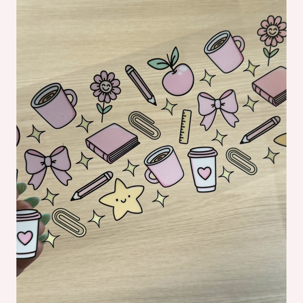 Cute Teacher Cup Wrap | Pink Teacher Glass Can Wrap with Coffee Cups Apples & Bows | Teacher Appreciation Gift | 16oz Libbey UV DTF Wrap