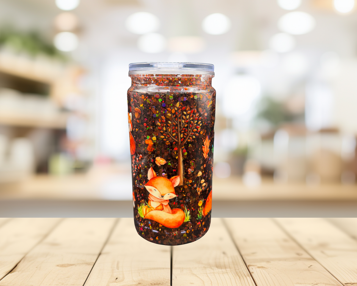 Woodland Fall Snow Globe Tumbler – 16 oz Plastic Glitter Cup, Fox Raccoon & Deer Autumn Tumbler
