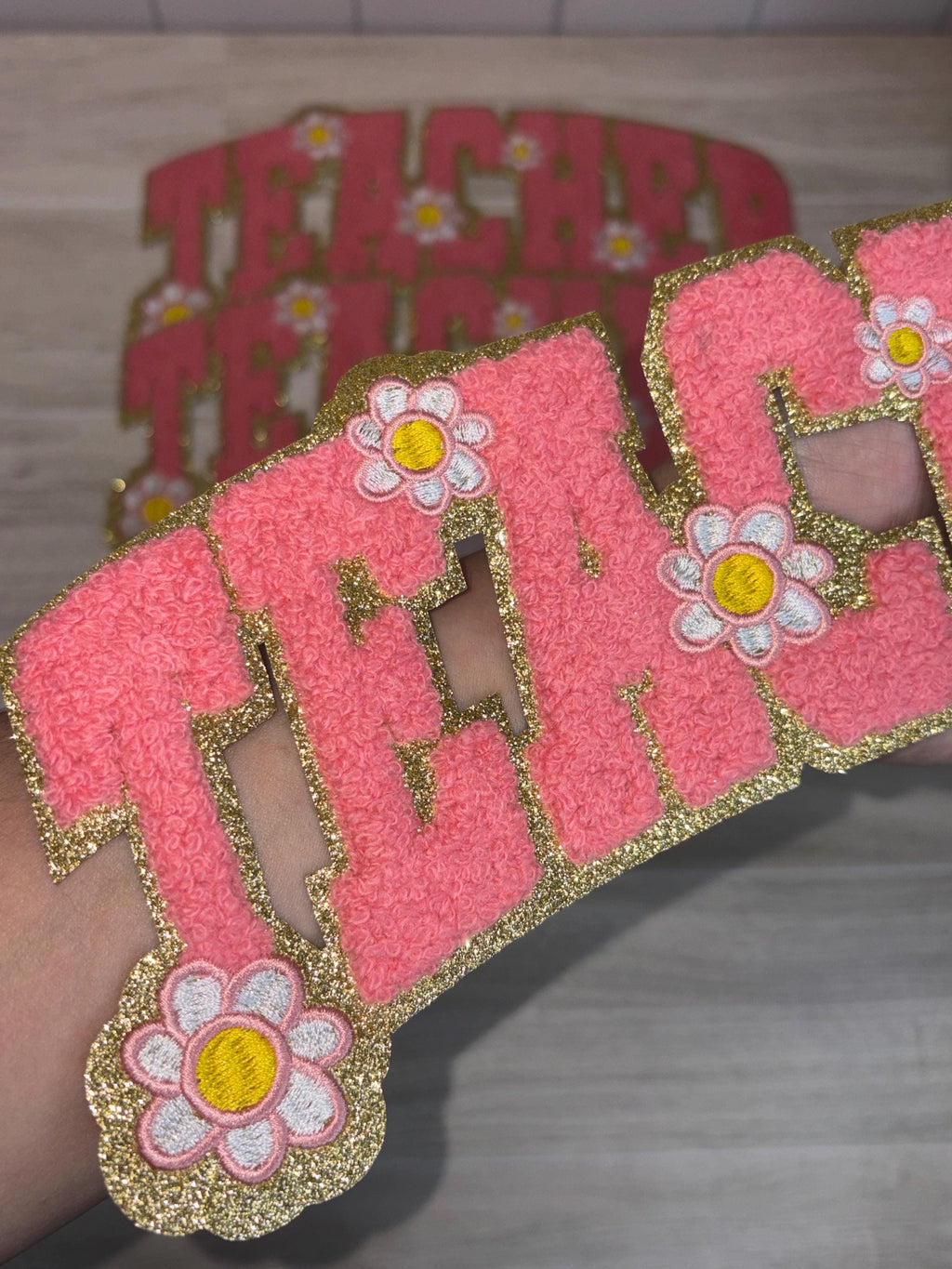 Teacher Chenille Patch (9”) | Pink Floral Letter Design