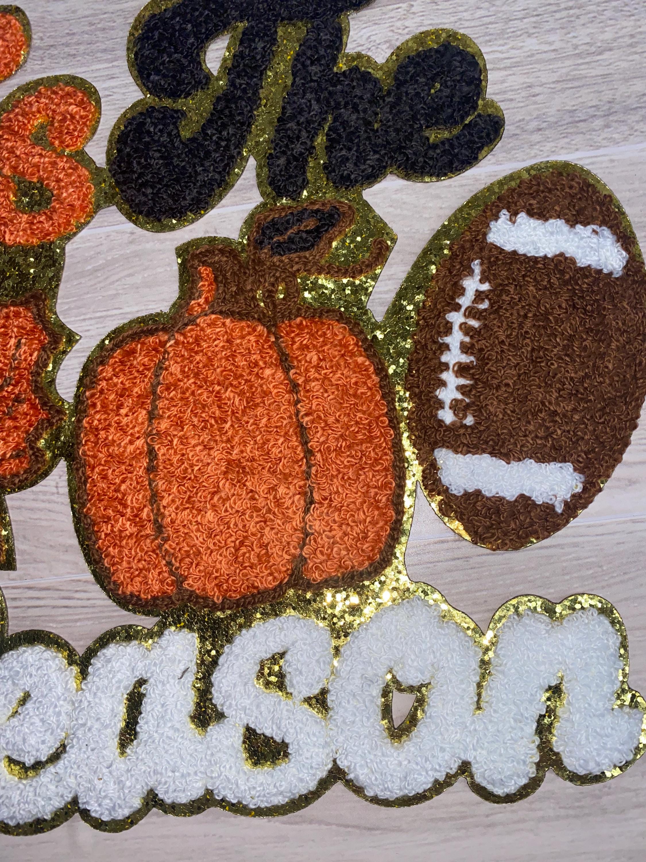 Fall Chenille Iron-On Patch: Pumpkin Spice, Football, Leaf Design