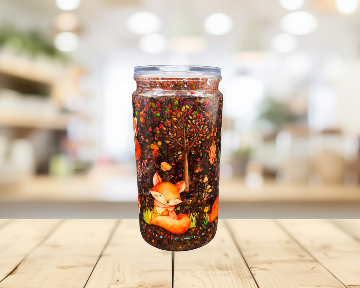 Woodland Fall Snow Globe Tumbler – 16 oz Plastic Glitter Cup, Fox Raccoon & Deer Autumn Tumbler