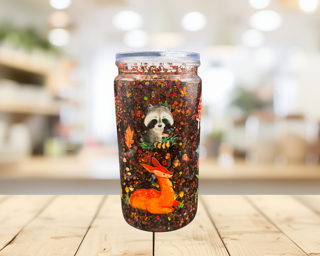 Woodland Fall Snow Globe Tumbler – 16 oz Plastic Glitter Cup, Fox Raccoon & Deer Autumn Tumbler