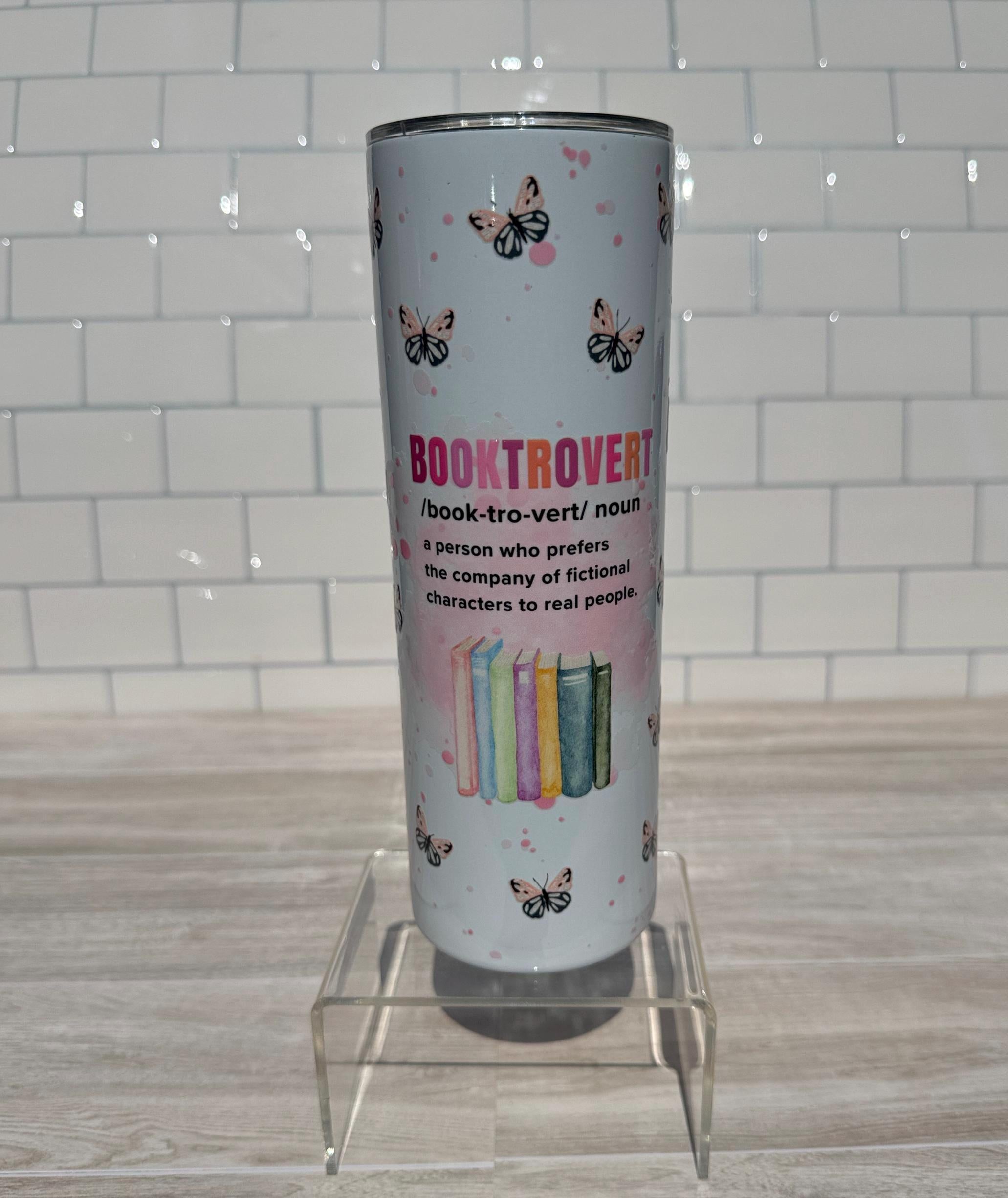 Booktrovert Tumbler: Books & Butterflies Stainless Steel Reader Gift