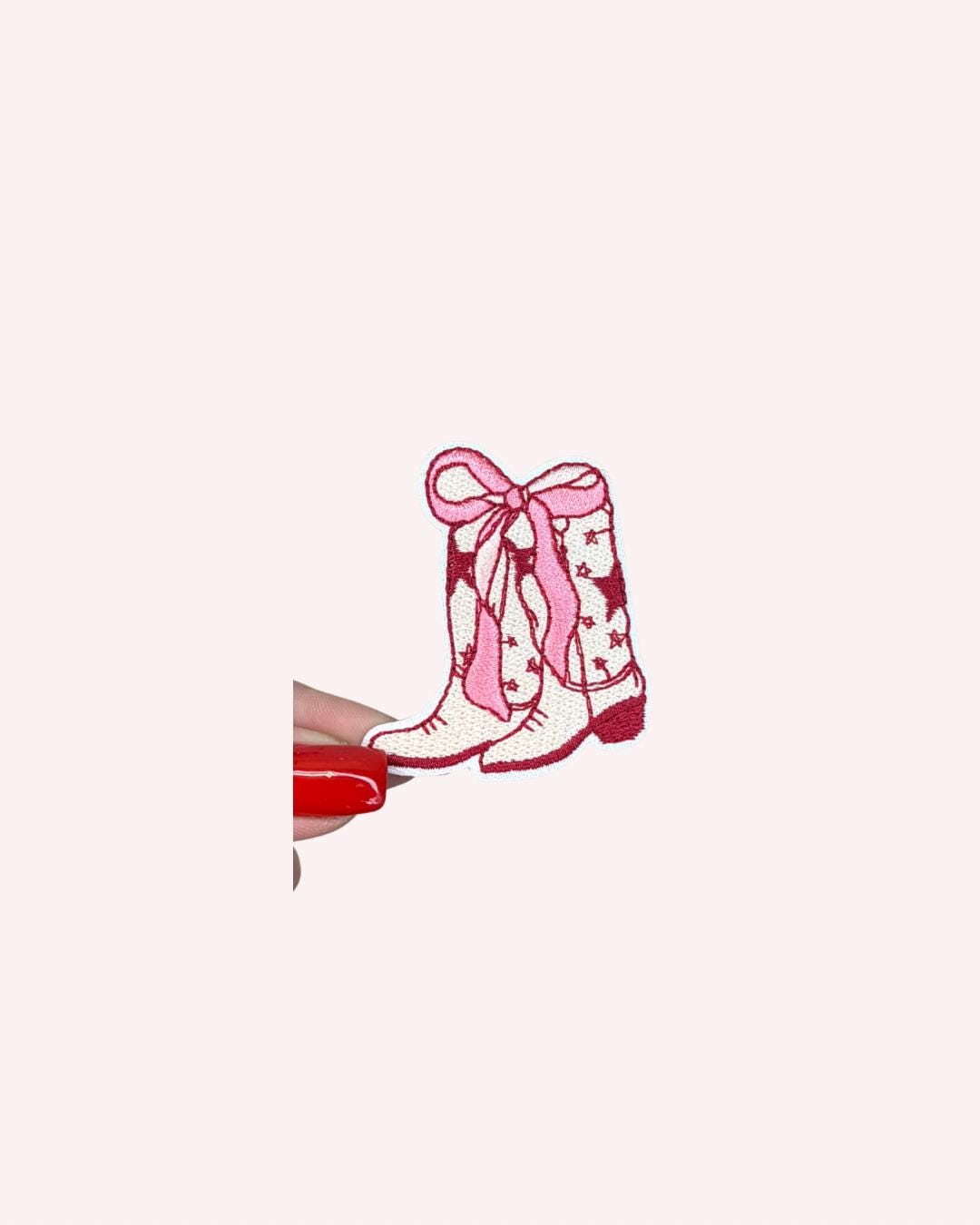 Girly Cowboy Boots Iron-On Patch with Pink Bow – Cute Western Embellishment