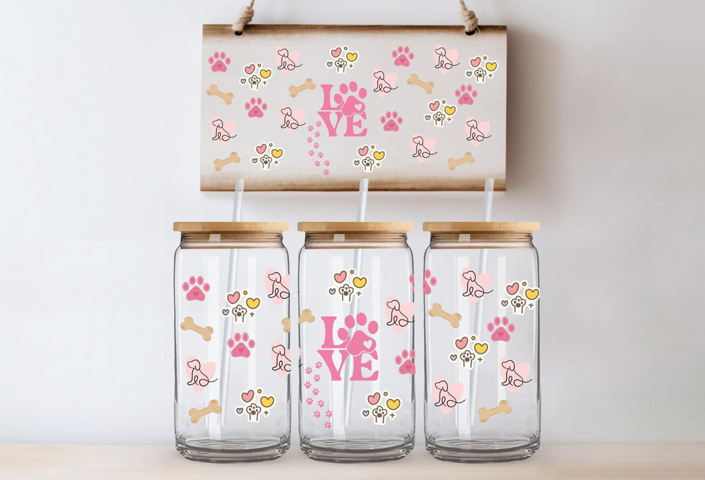 Dog Love, Puppy Love, 16oz Glass Can Wrap: Paw Prints  Puppy Love UV DTF (D3)