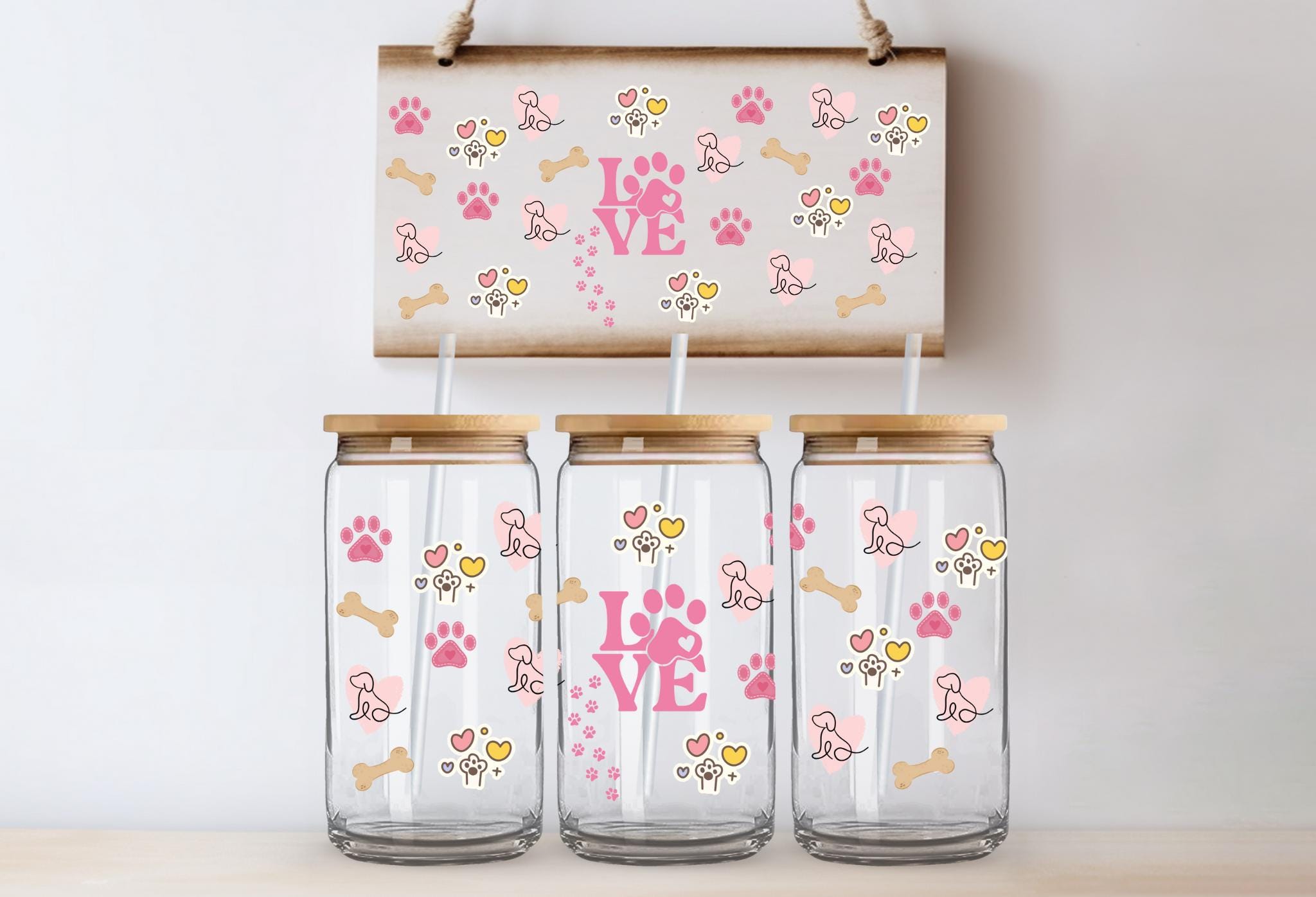 Dog Love, Puppy Love, 16oz Glass Can Wrap: Paw Prints  Puppy Love UV DTF (D3)