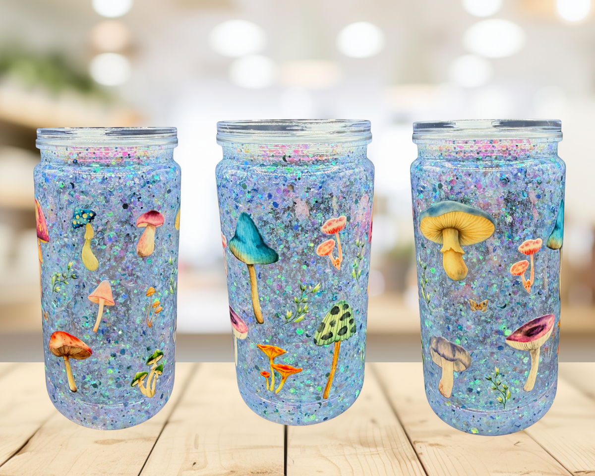 Mushroom Garden Snow Globe Tumbler – 16 oz Glitter Cup, Cottagecore Tumbler, Mushroom Lover Gift