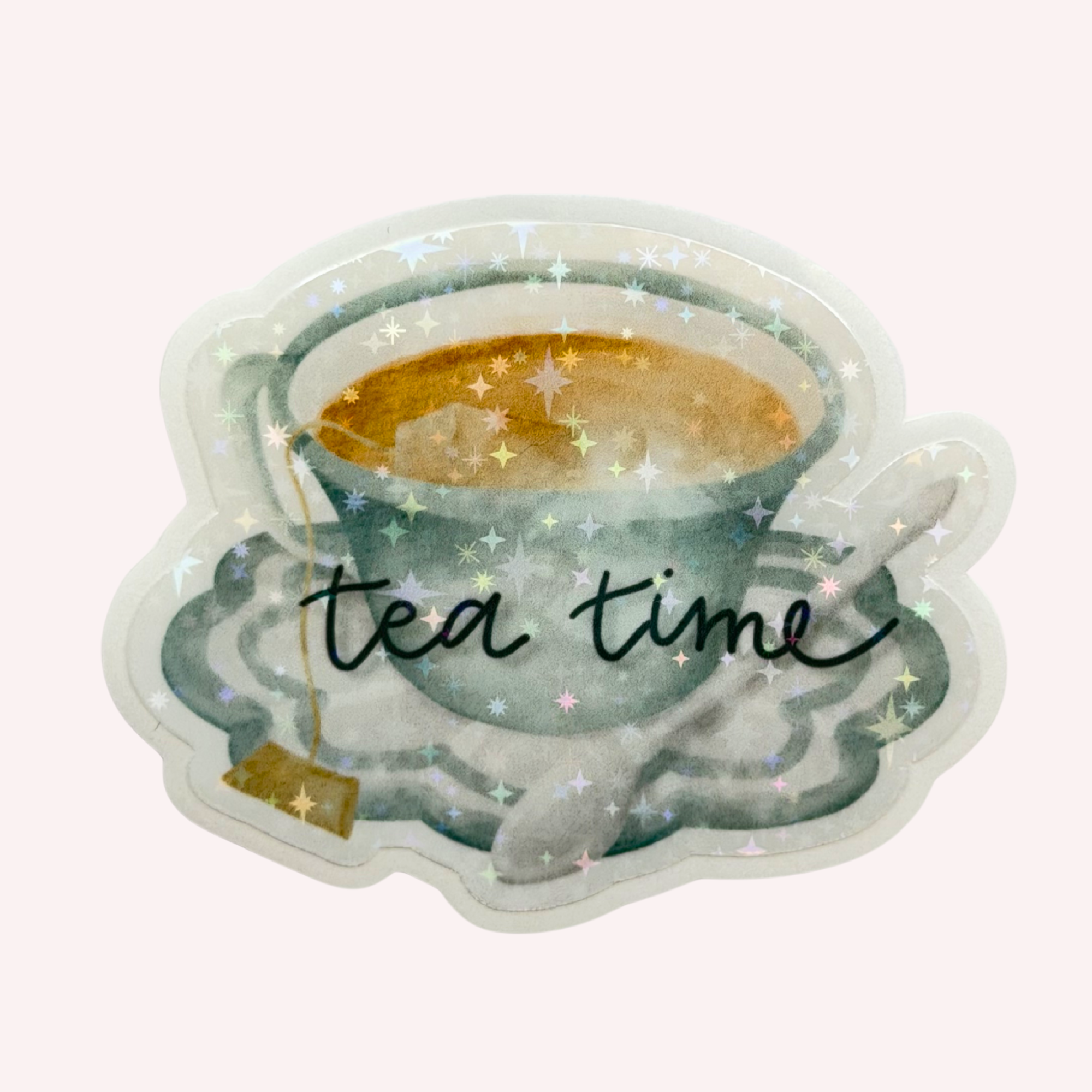 Tea Time Sticker | Cute Teacup Sticker | Holographic Tea Lover Sticker | Cozy Cottagecore Decal | Laptop & Water Bottle Sticker