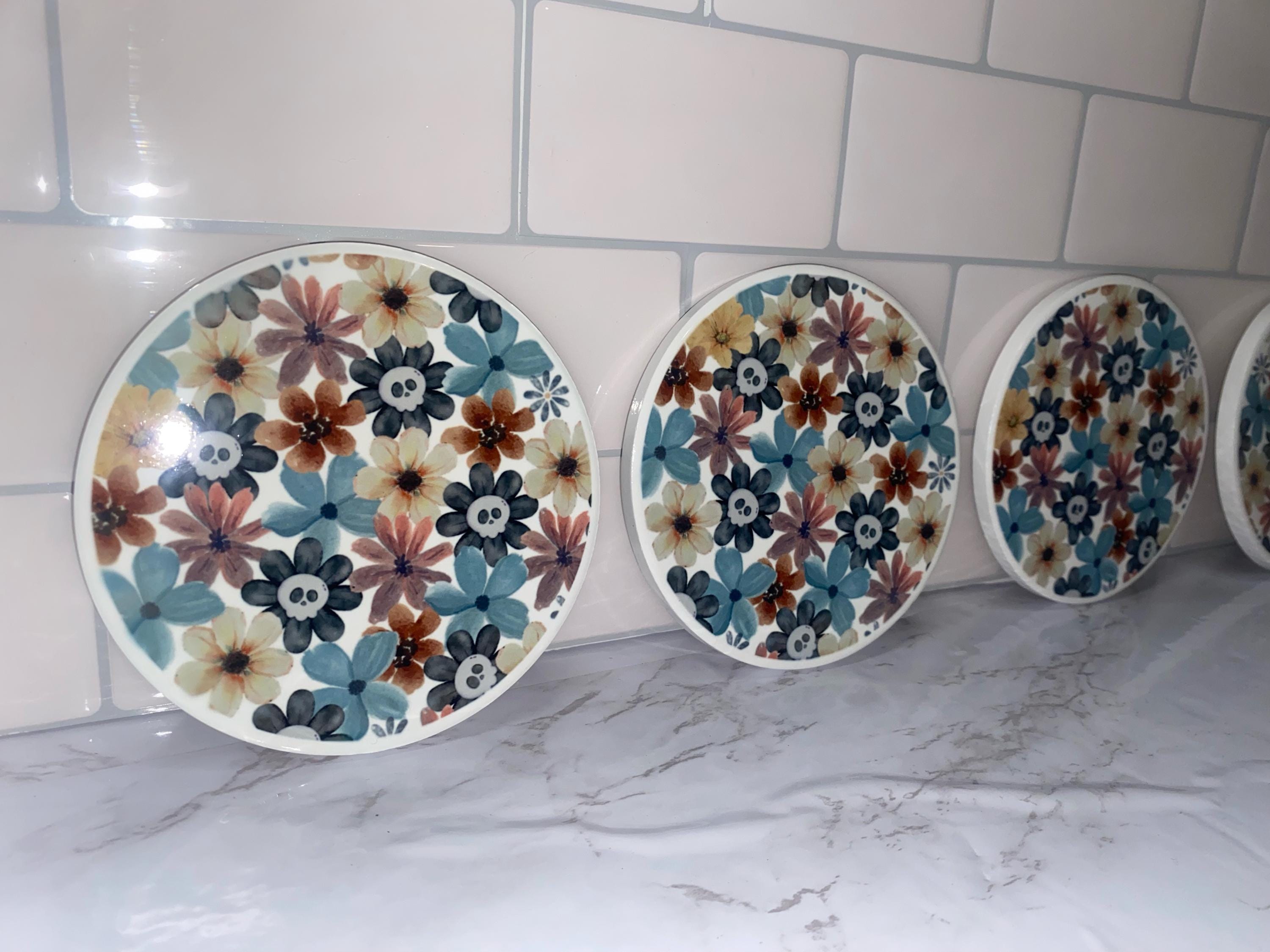 Fall Floral Skeleton Coasters: Spooky Halloween Decor, Set of 4