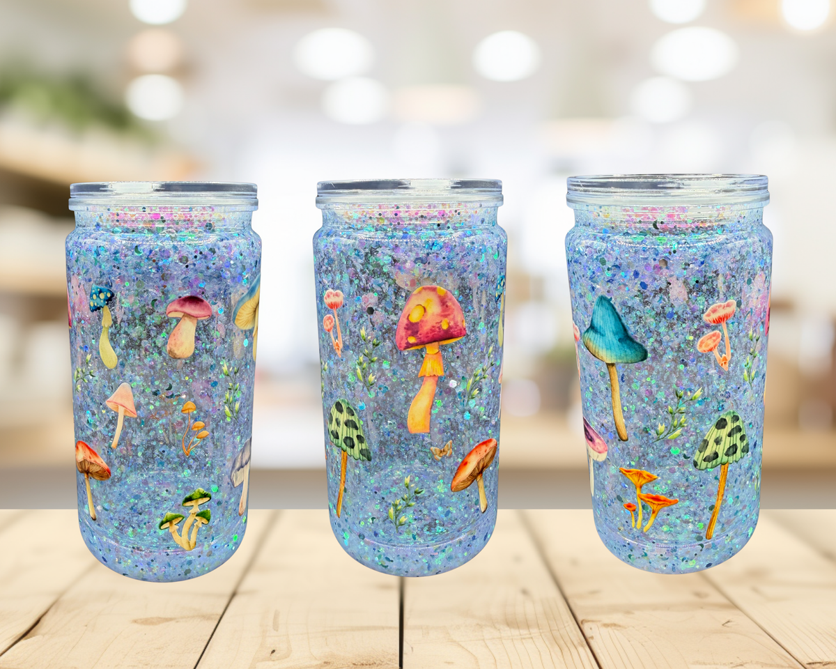 Mushroom Garden Snow Globe Tumbler – 16 oz Glitter Cup, Cottagecore Tumbler, Mushroom Lover Gift
