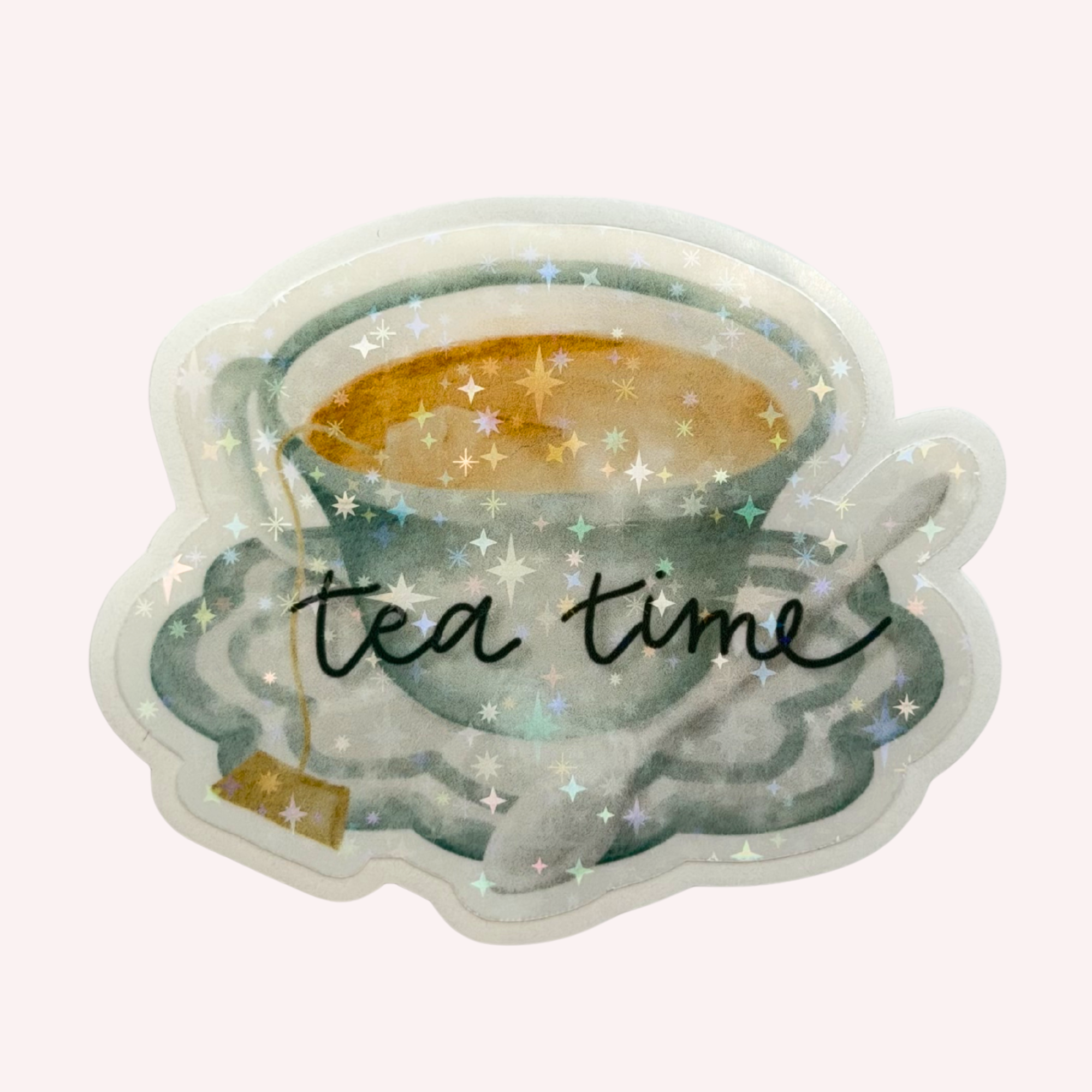 Tea Time Sticker | Cute Teacup Sticker | Holographic Tea Lover Sticker | Cozy Cottagecore Decal | Laptop & Water Bottle Sticker