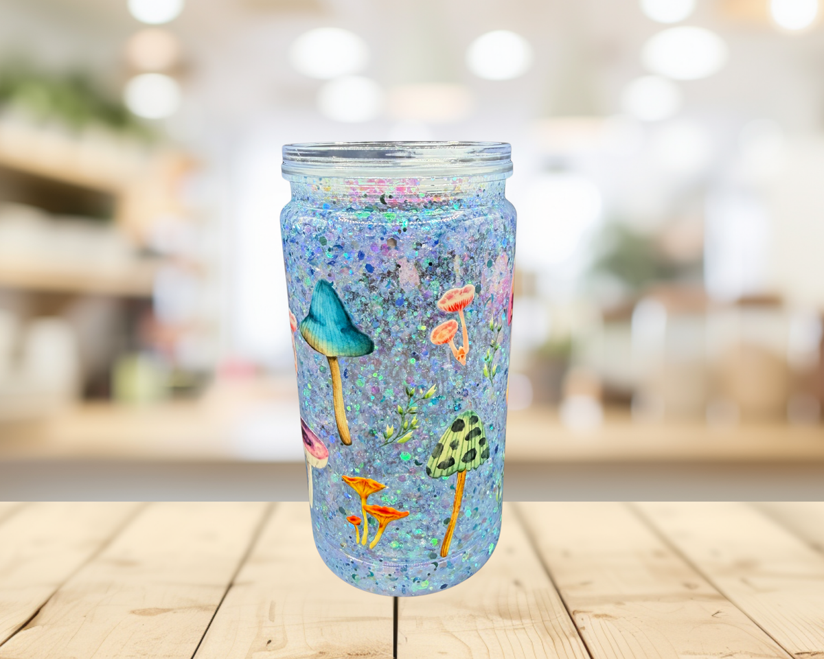 Mushroom Garden Snow Globe Tumbler – 16 oz Glitter Cup, Cottagecore Tumbler, Mushroom Lover Gift