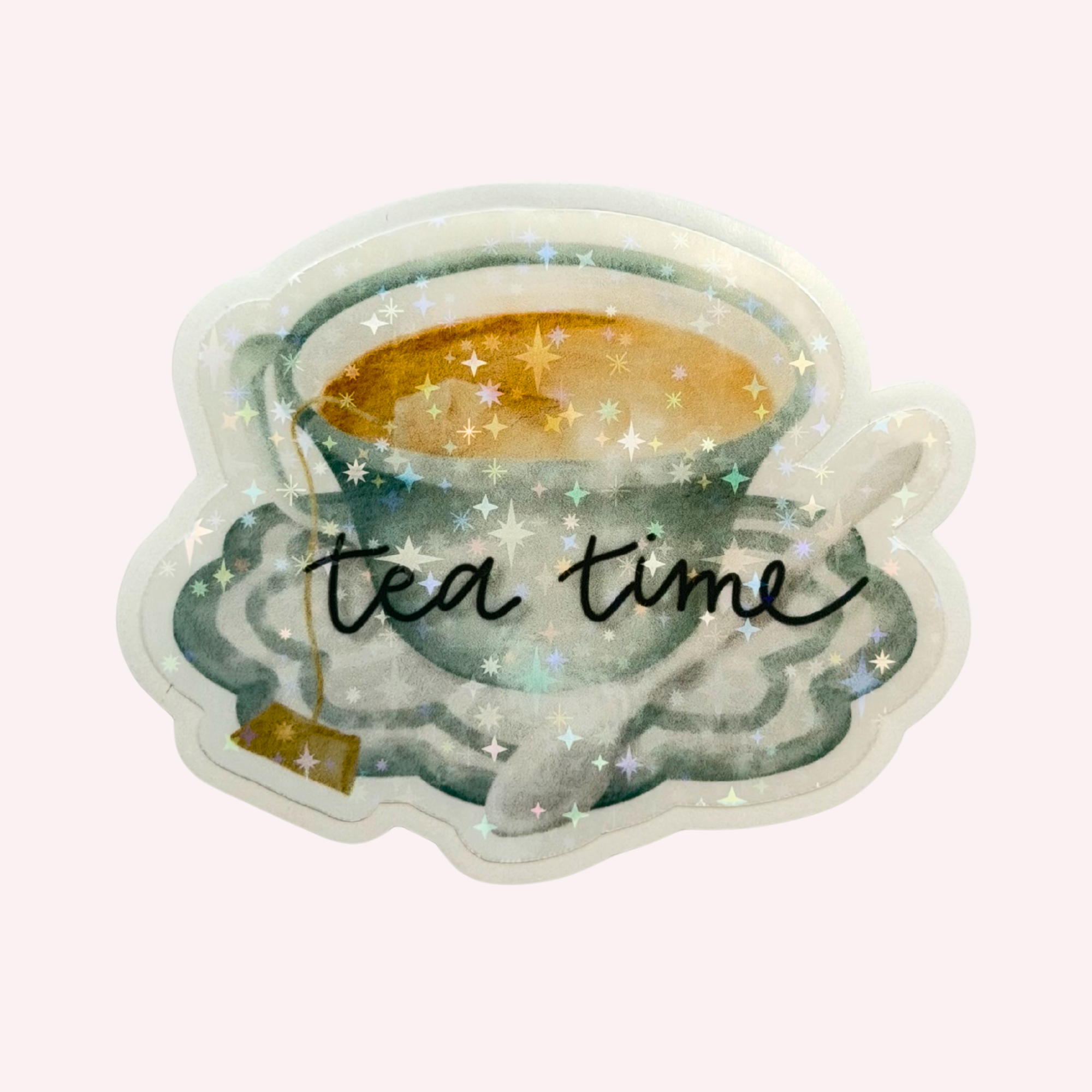 Tea Time Sticker | Cute Teacup Sticker | Holographic Tea Lover Sticker | Cozy Cottagecore Decal | Laptop & Water Bottle Sticker