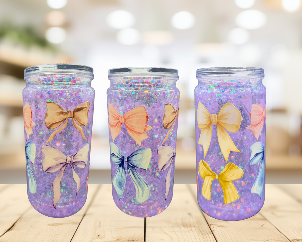 Pastel Bow Snow Globe Tumbler – 16 oz Purple Glitter Cup, Coquette Bow Tumbler, Girly Gift