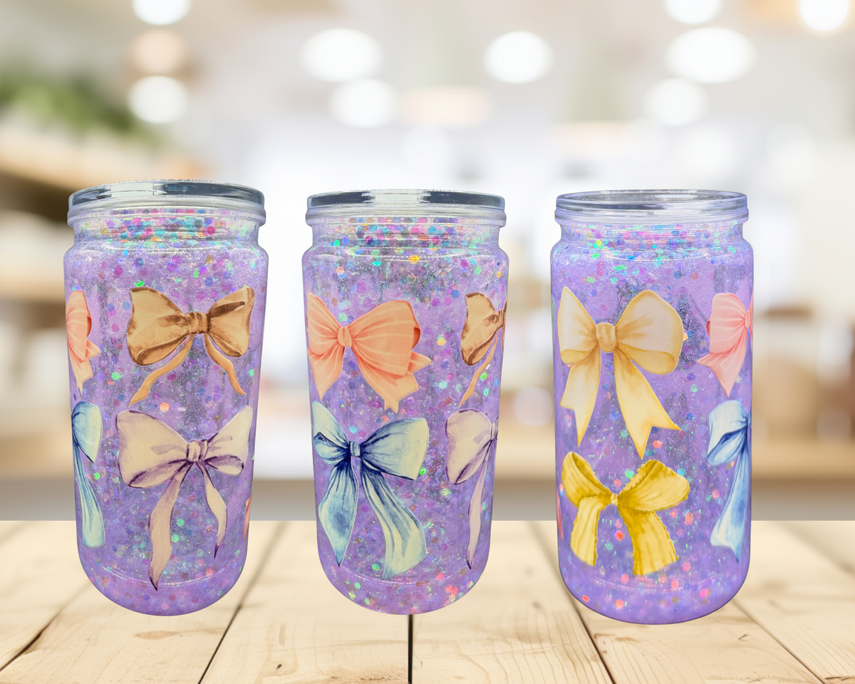 Pastel Bow Snow Globe Tumbler – 16 oz Purple Glitter Cup, Coquette Bow Tumbler, Girly Gift