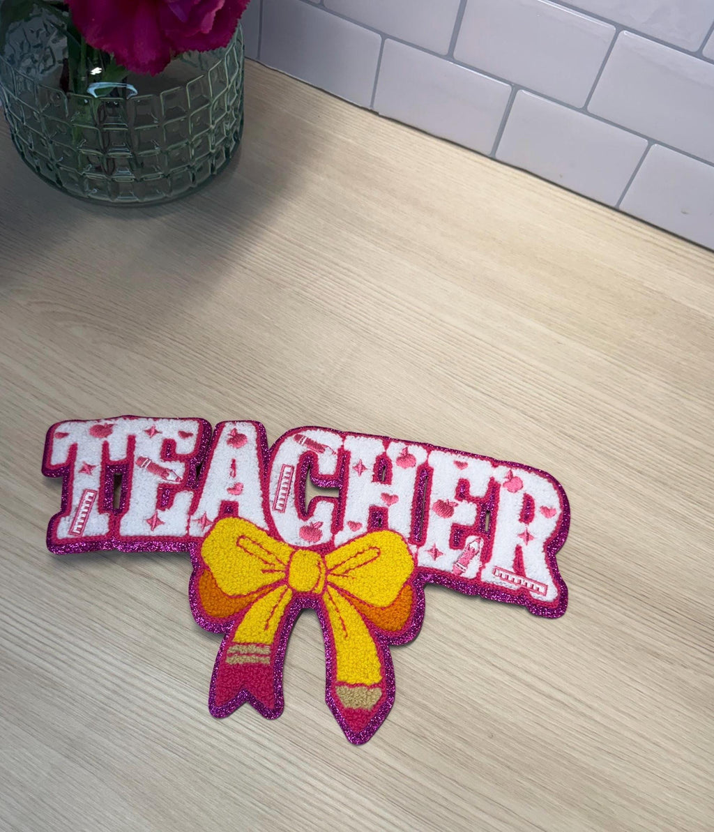 Teacher Chenille Iron-On Patch | Pencil Bow Teacher Patch | Back to School Patch | Teacher Jacket Patch | Teacher Gift | Teacher Sweatshirt