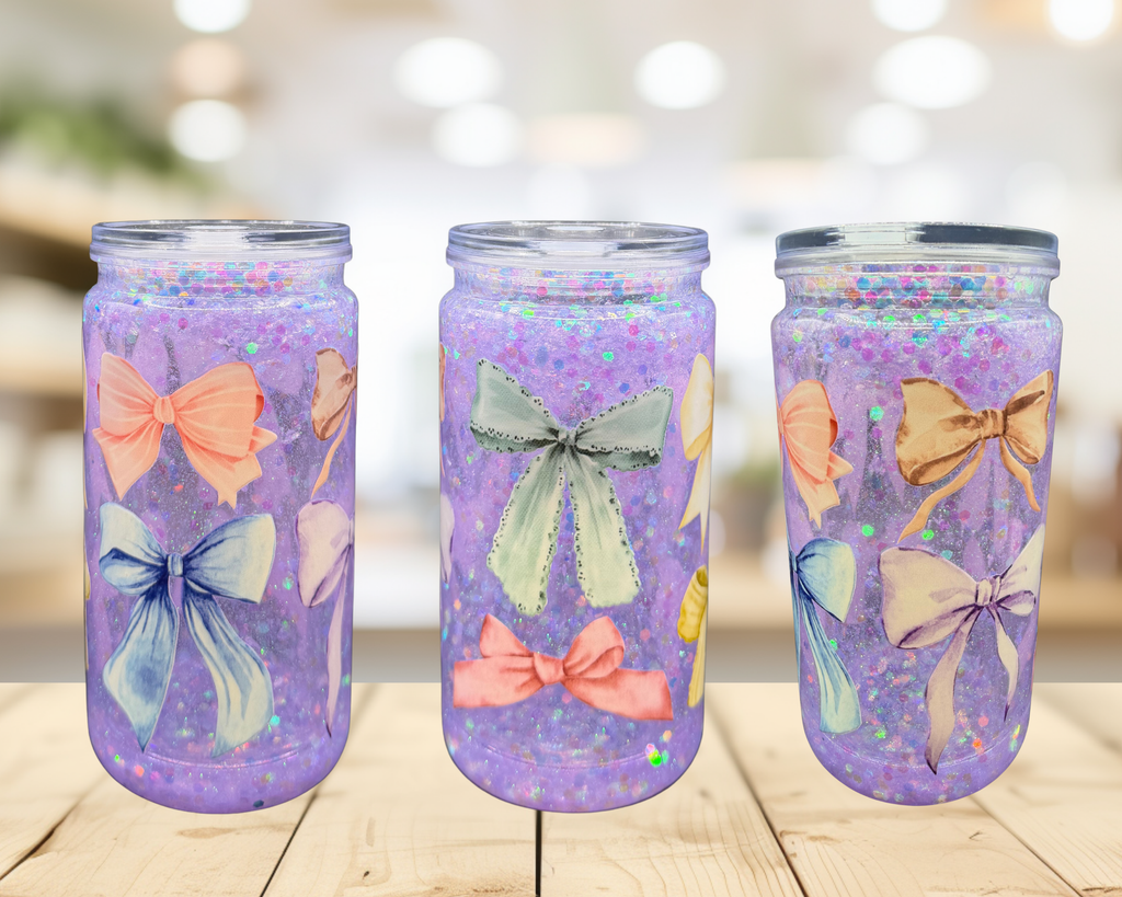 Pastel Bow Snow Globe Tumbler – 16 oz Purple Glitter Cup, Coquette Bow Tumbler, Girly Gift