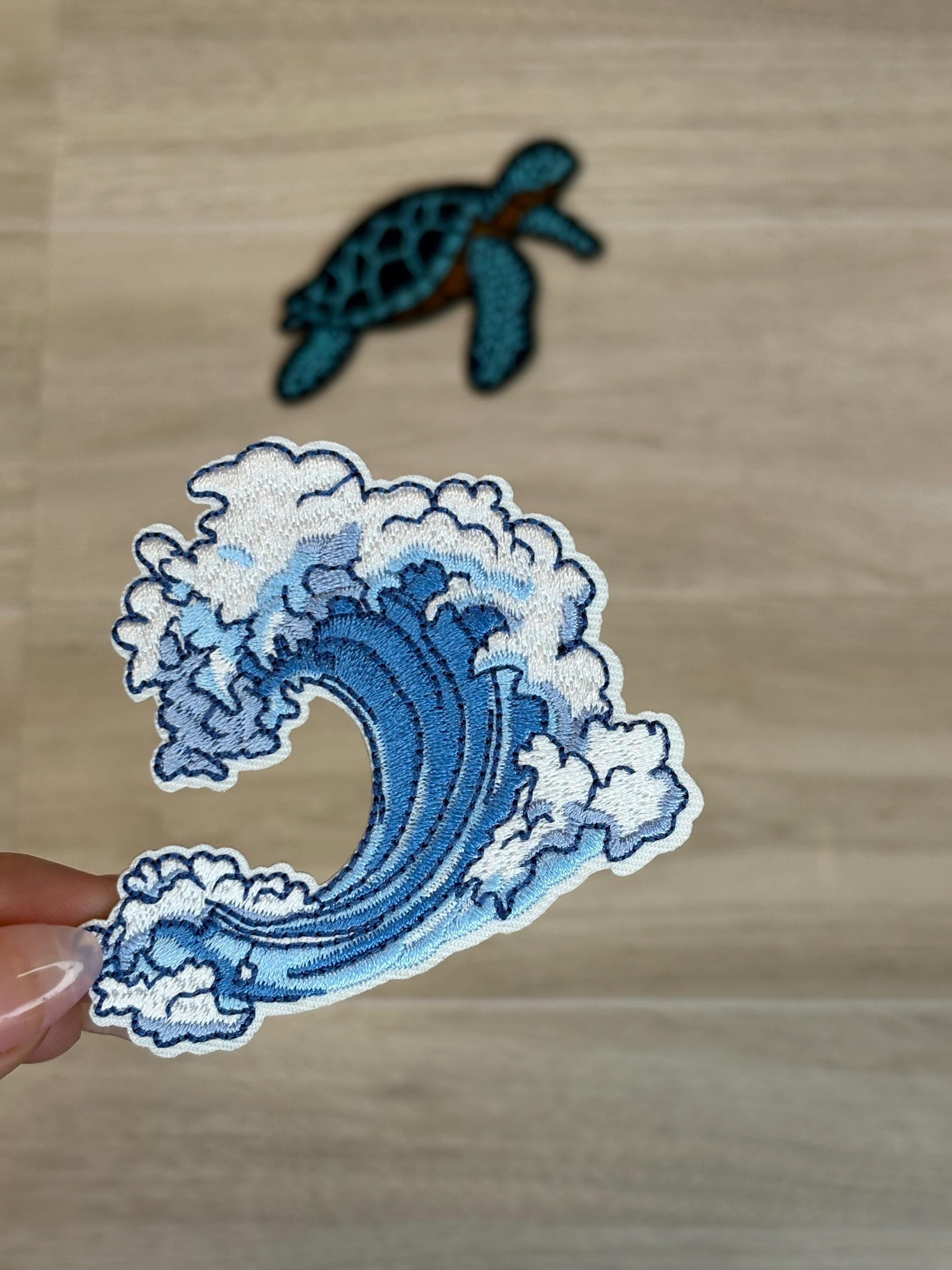 Turtle & Wave Patch Set (2–3.4”) | Ocean-Themed Iron-On Embroidery