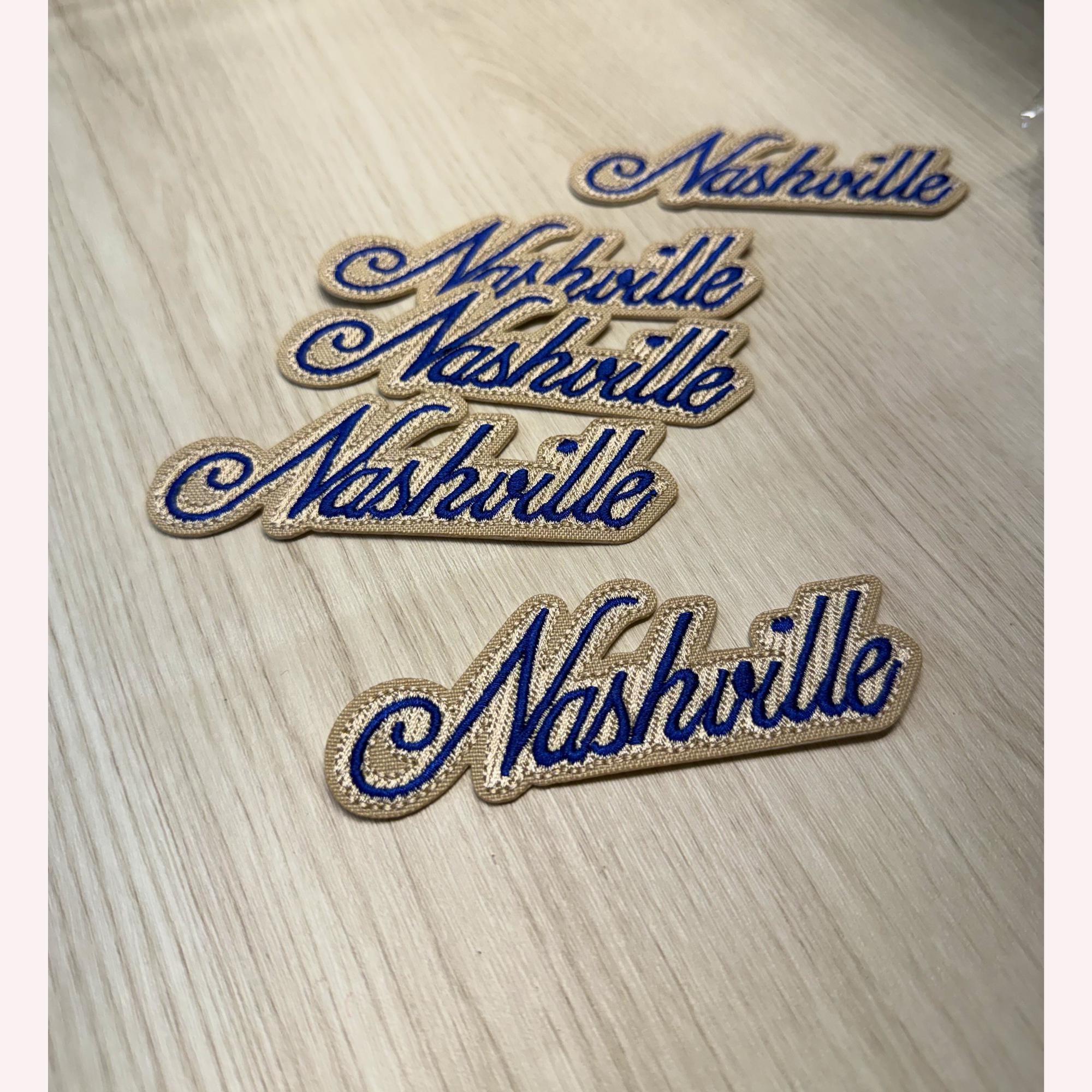 Nashville Patch – Navy Lettering on Beige Embroidered Iron-On Patch | Classy Western Aesthetic | Country Concert Outfit Accessory