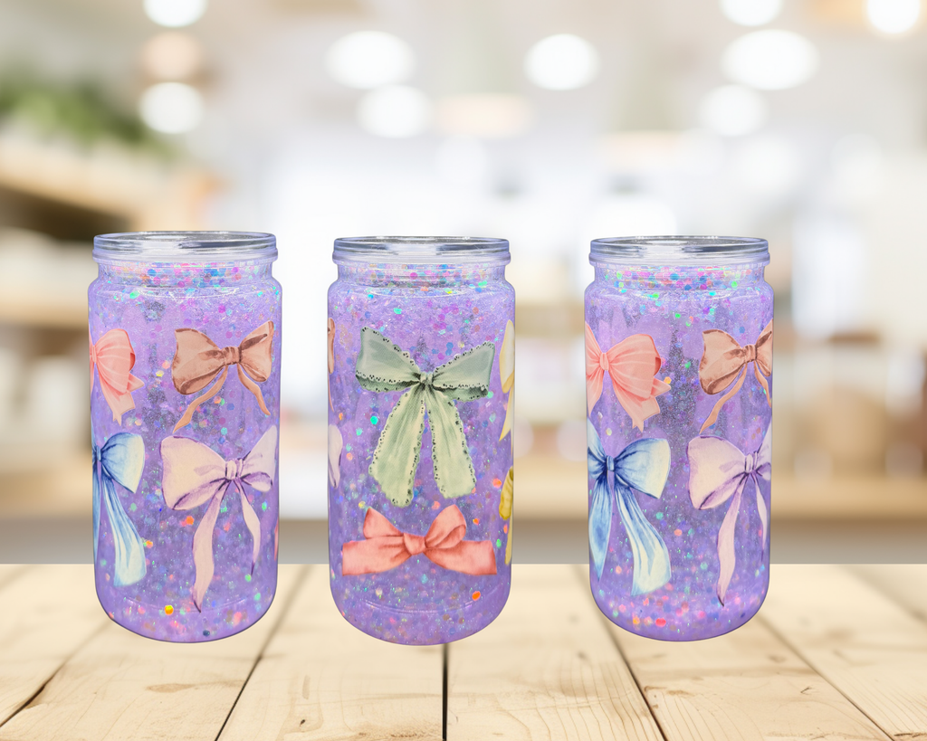 Pastel Bow Snow Globe Tumbler – 16 oz Purple Glitter Cup, Coquette Bow Tumbler, Girly Gift
