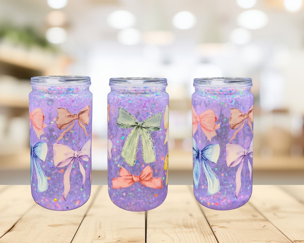 Pastel Bow Snow Globe Tumbler – 16 oz Purple Glitter Cup, Coquette Bow Tumbler, Girly Gift