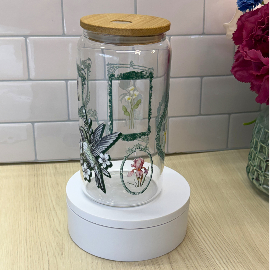 Vintage Hummingbird Floral Frame Glass Cup | 16 oz Libbey Cup with Lid & Straw | Elegant Botanical Drinkware ✨