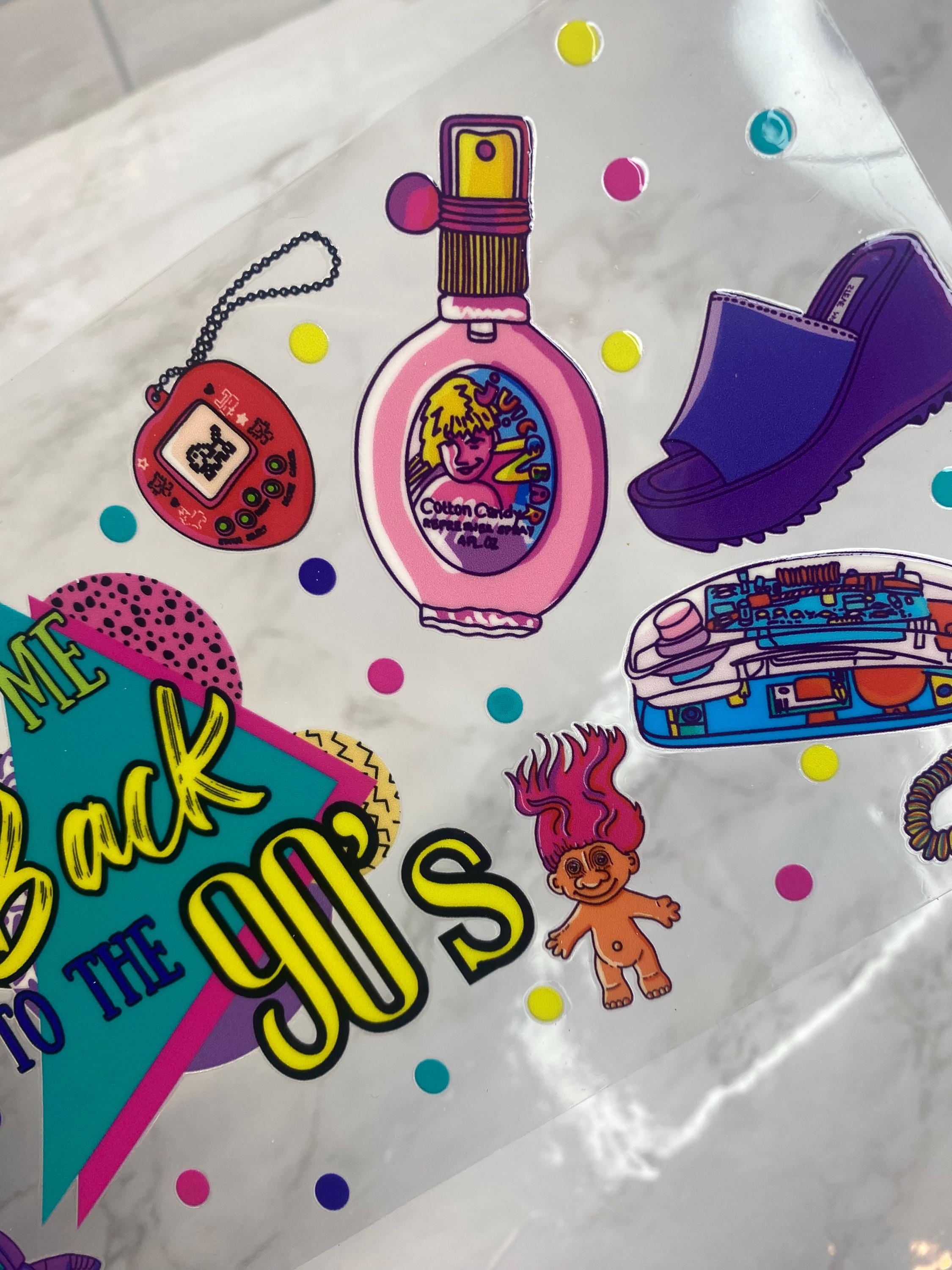 90s Theme UV DTF 16oz Tumbler Wrap: Vibrant Design