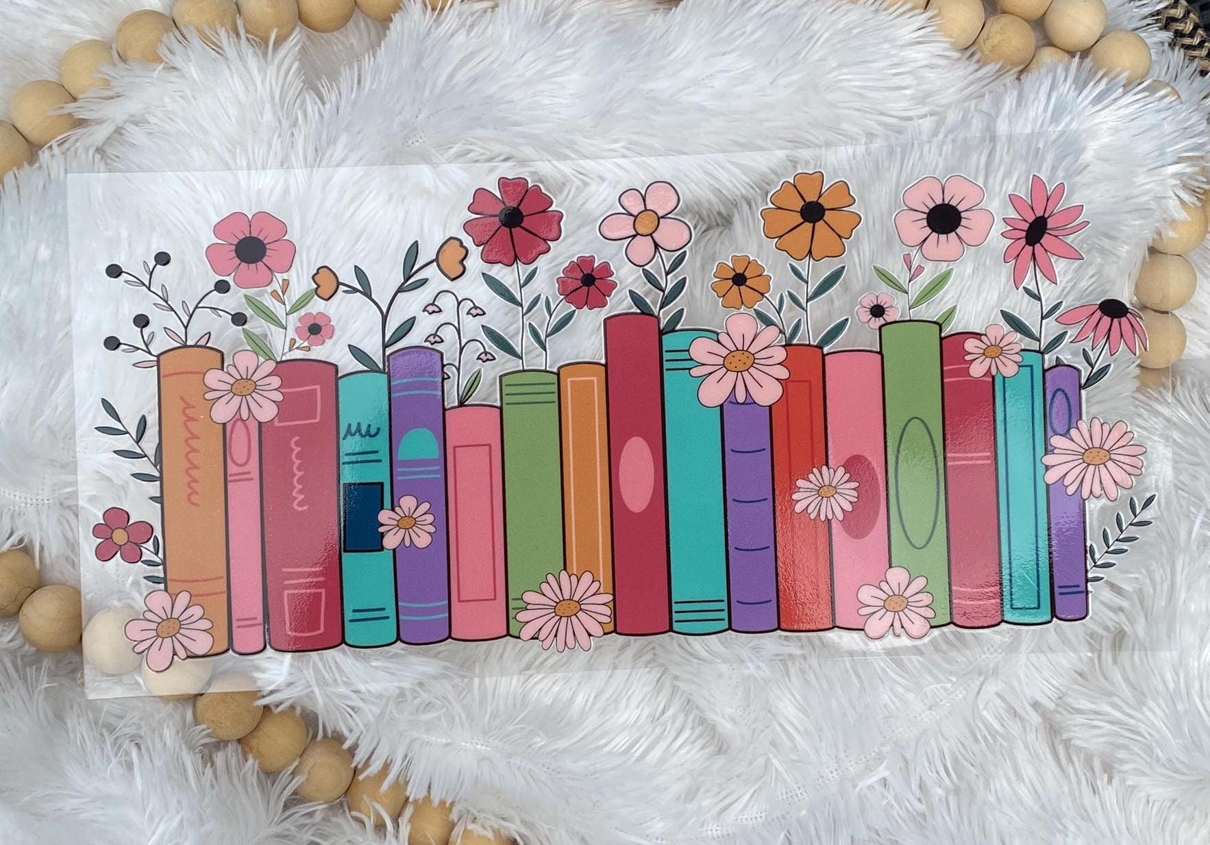 Books and Flowers UV DTF Wrap: 16oz Tumbler Decal