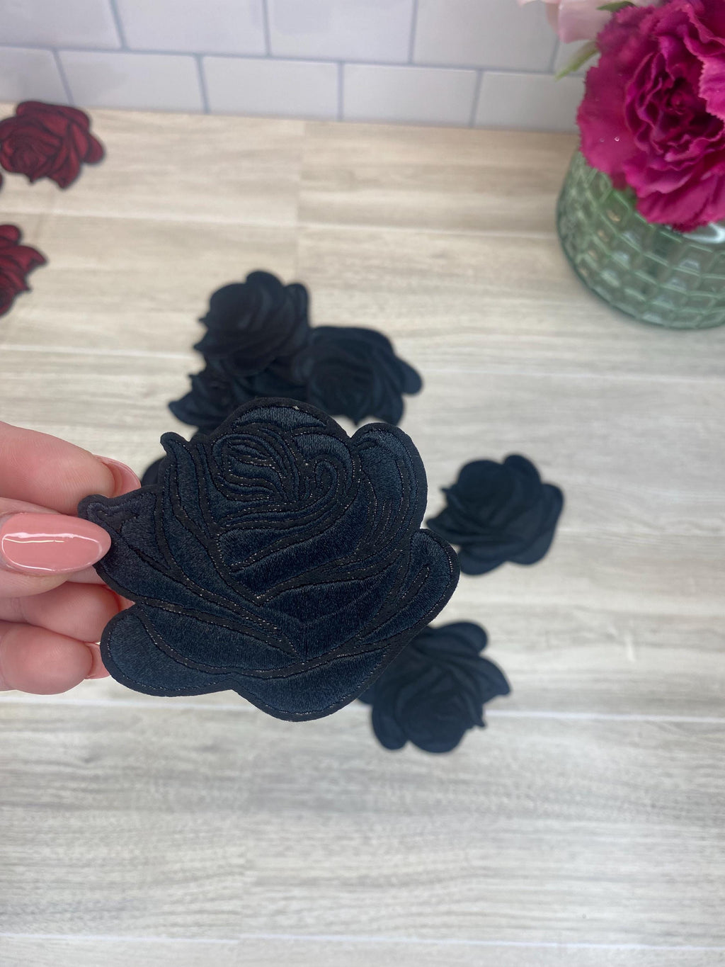 Embroidered Rose Iron On Patch: Black or Burgundy Flower Applique