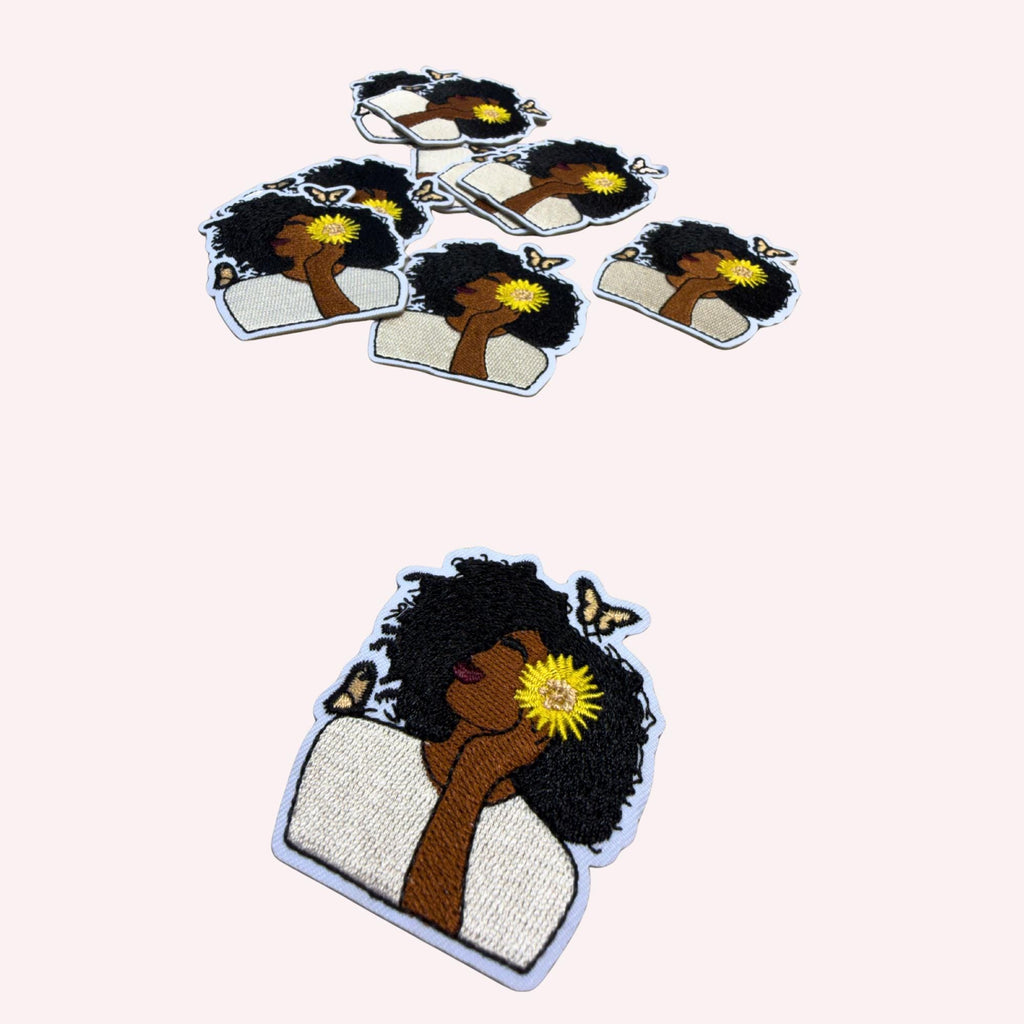 Natural Woman Patch with Sunflower – Embroidered Iron-On Patch | Natural Hair Beauty | Butterfly Aesthetic | Artistic Statement Patch