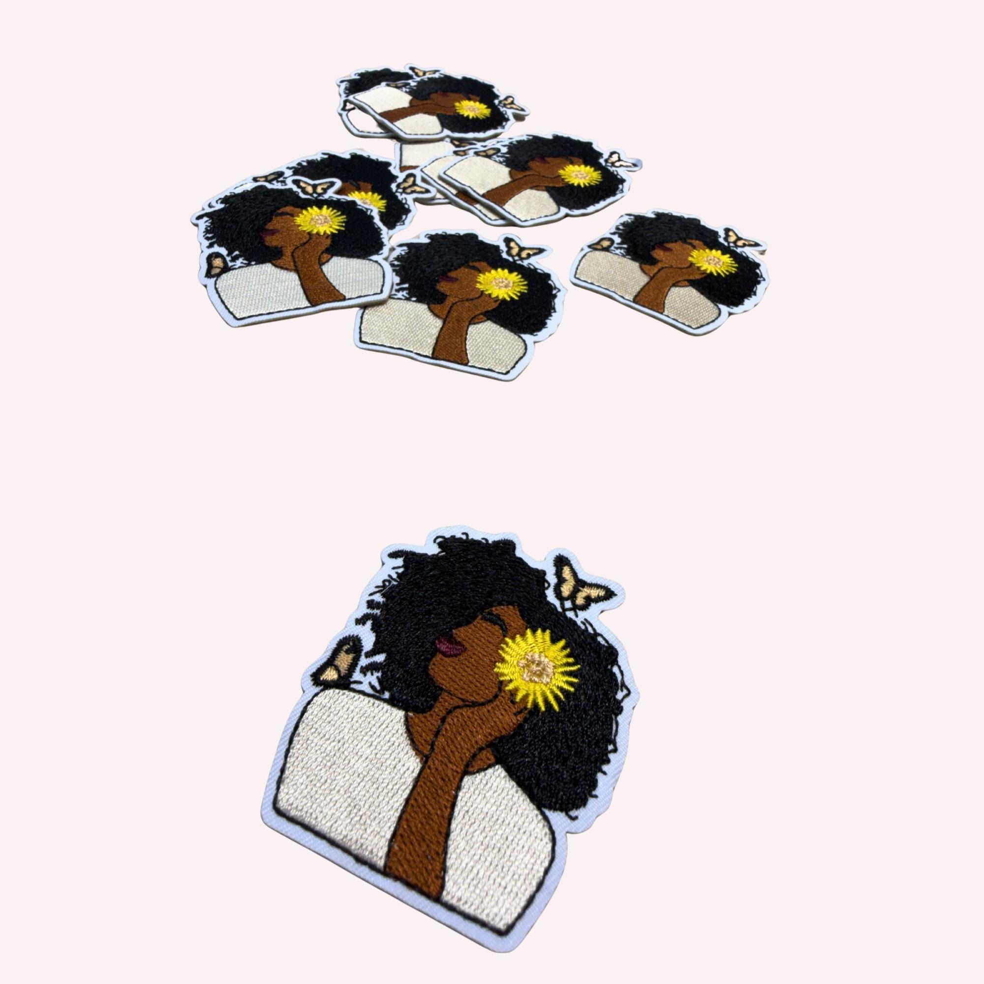 Natural Woman Patch with Sunflower – Embroidered Iron-On Patch | Natural Hair Beauty | Butterfly Aesthetic | Artistic Statement Patch