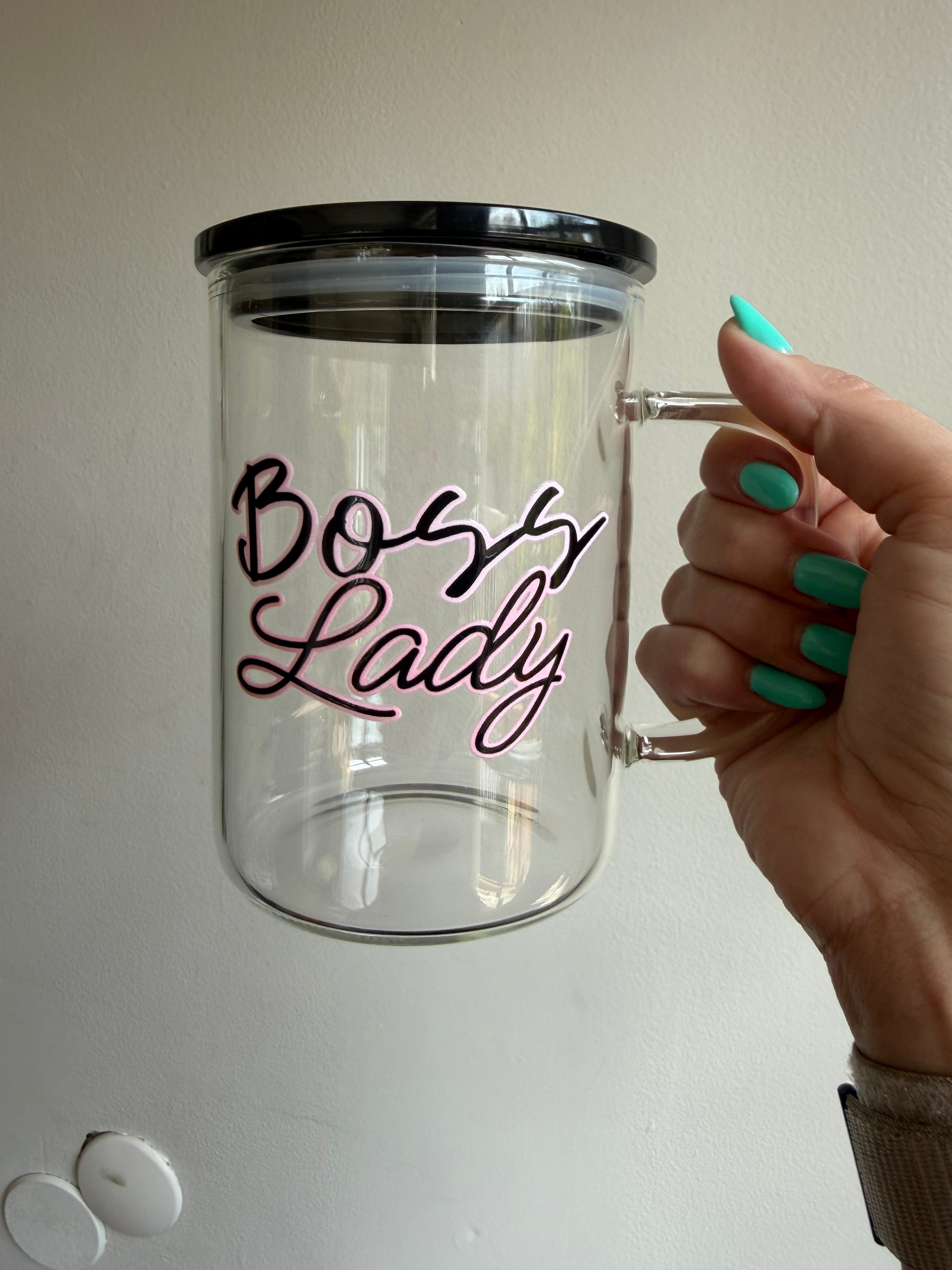 La Jefa & Boss Lady Clear Mugs – 11.5×9.5×14 cm | Black Lid | Exclusive Designs