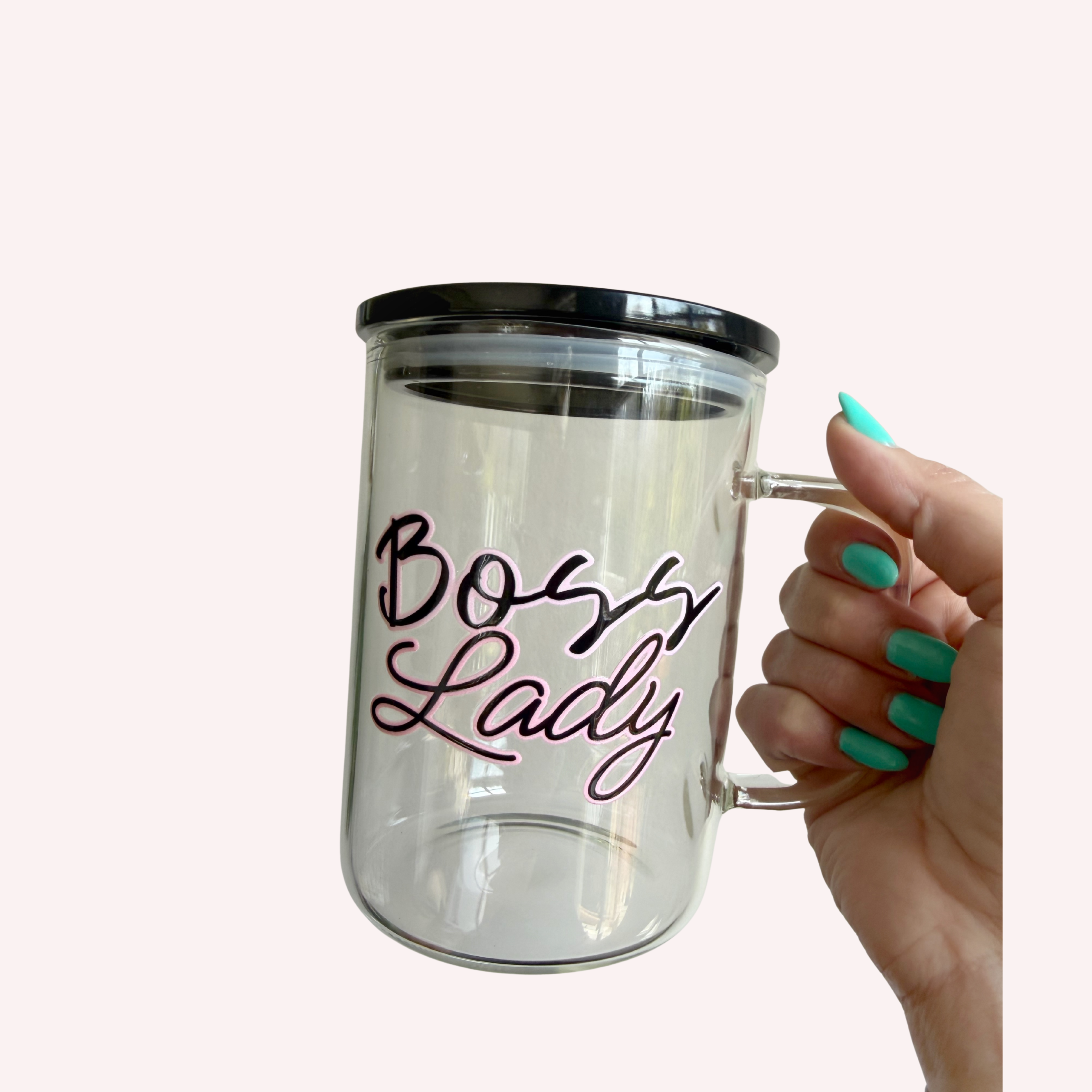 La Jefa & Boss Lady Clear Mugs – 11.5×9.5×14 cm | Black Lid | Exclusive Designs