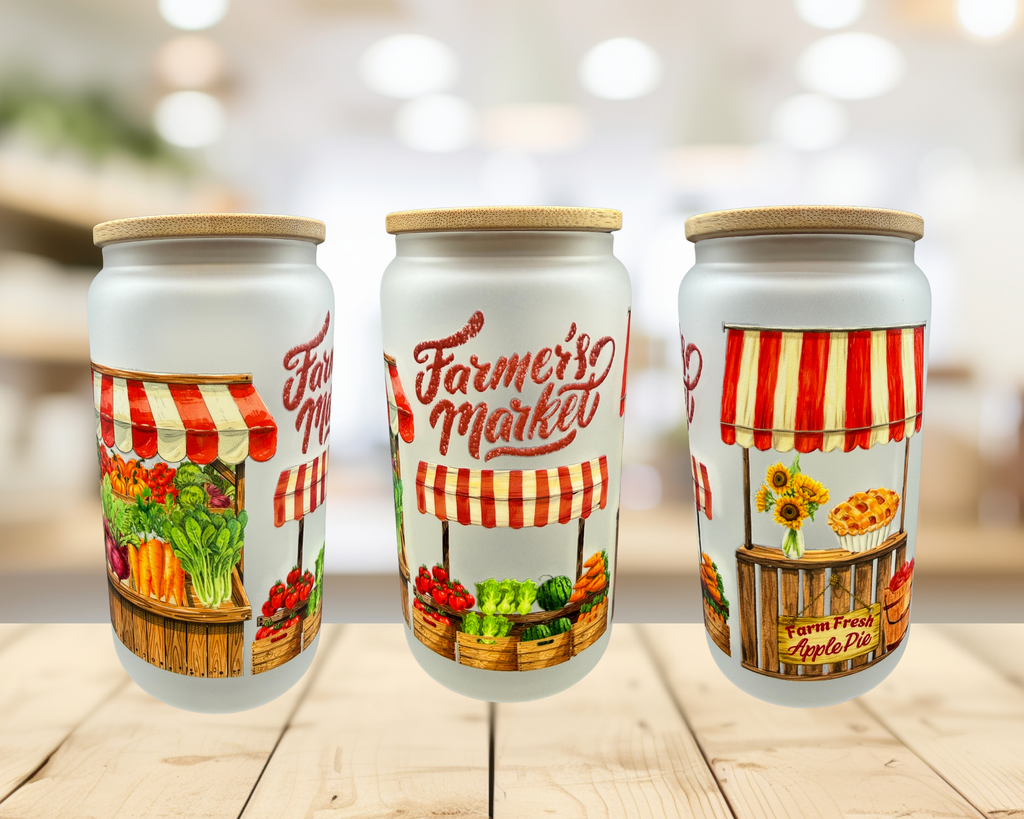 Farmers Market Frosted Glass Tumbler – 16 oz Farm Fresh Cup – Apple Pie & Produce Design – Fall Glass Can Cup – Original Design