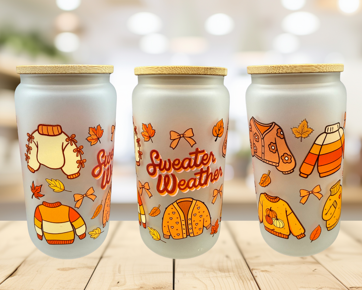 Sweater Weather Frosted Glass Tumbler – 16 oz Fall Cup – Cozy Autumn Sweater Glass Can – Orange Fall Drinkware – Original Design