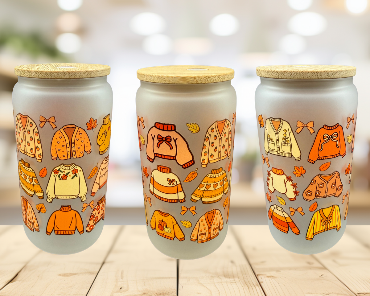Cozy Fall Sweaters Frosted Glass Tumbler – 16 oz Autumn Cup – Cute Sweater Glass Can – Fall Iced Coffee Cup – Original Design