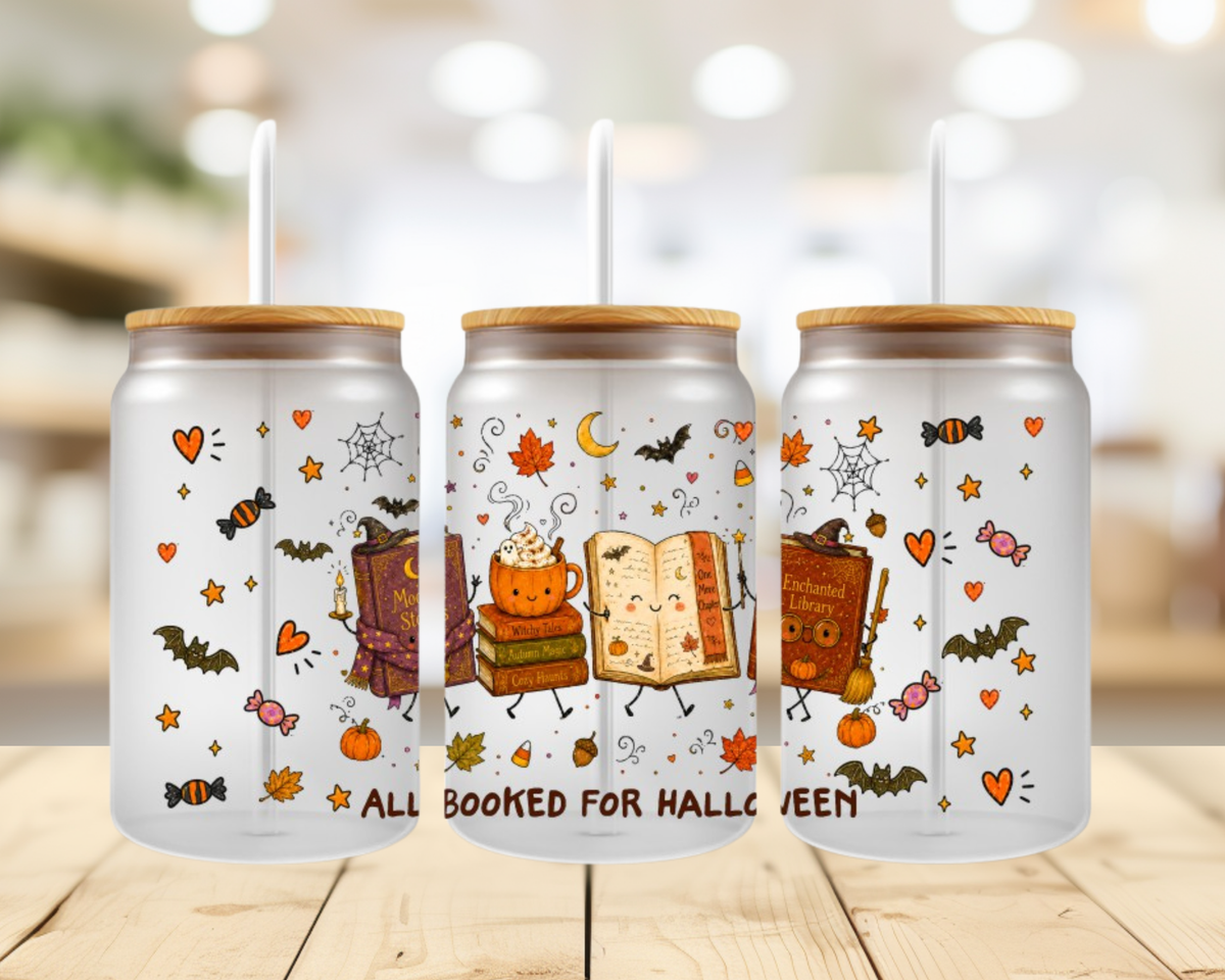 All Booked for Halloween UV DTF Wrap – 16oz Glass Can Bookish Halloween Transfer (Wrap Only)