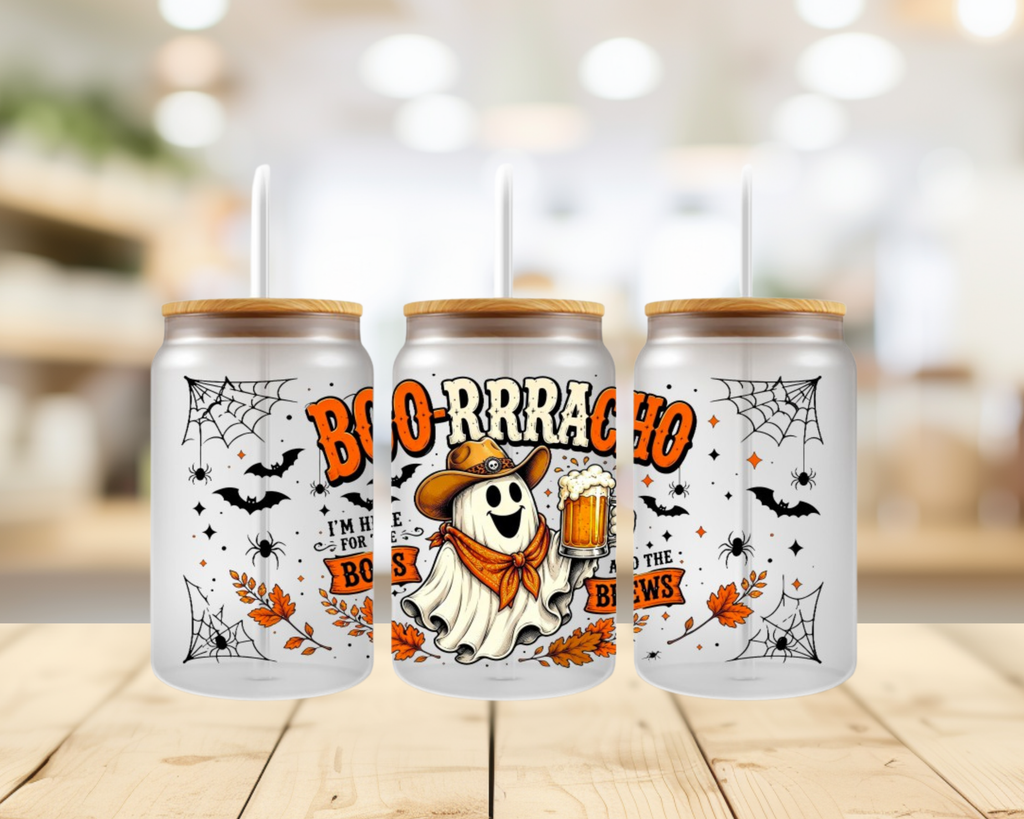 Boo-Rrrracho Ghost UV DTF Wrap – 16oz Glass Can Funny Halloween Transfer (Wrap Only)